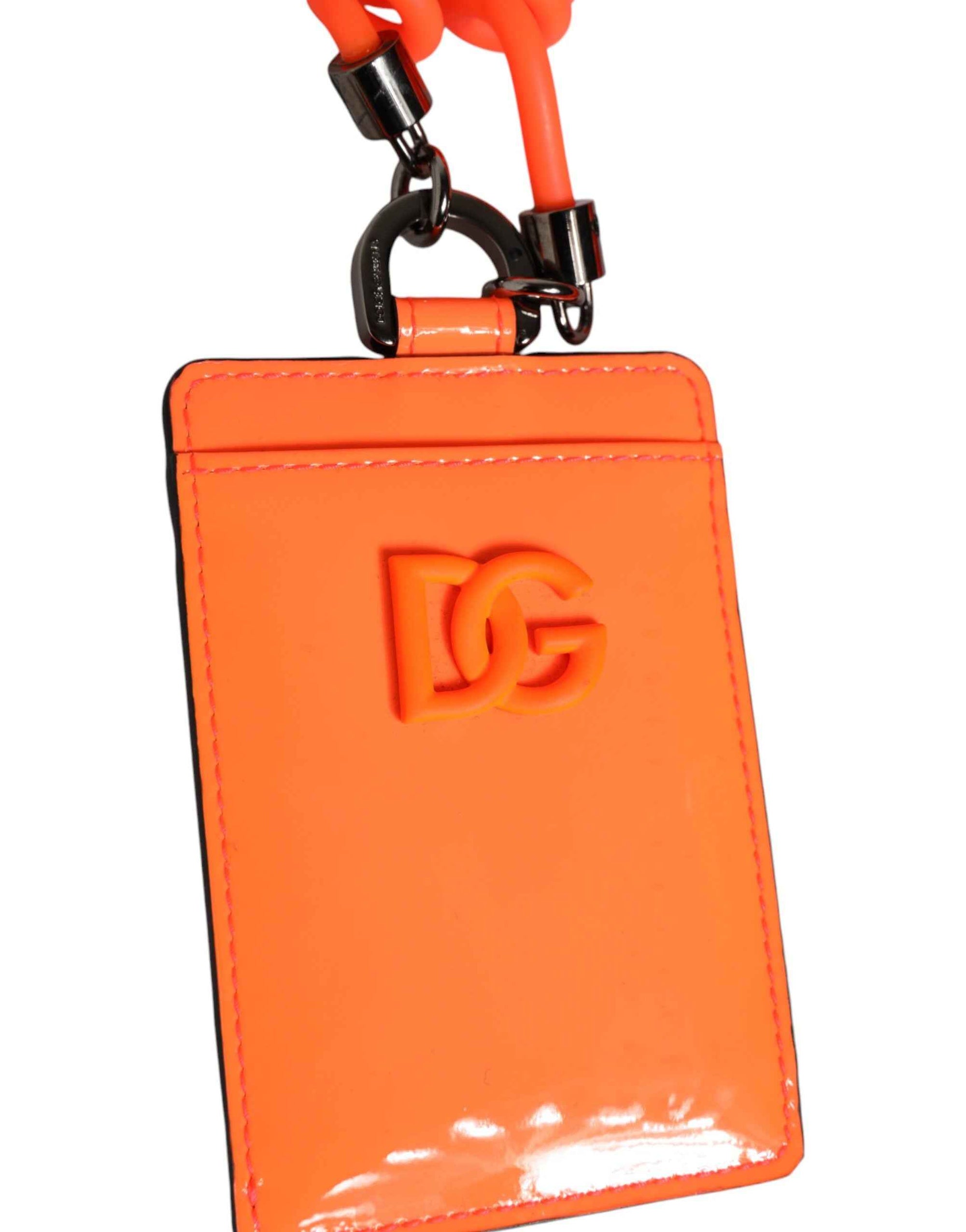 Dolce & Gabbana Orange Leather Logo Embossed Lanyard Card Holder Wallet