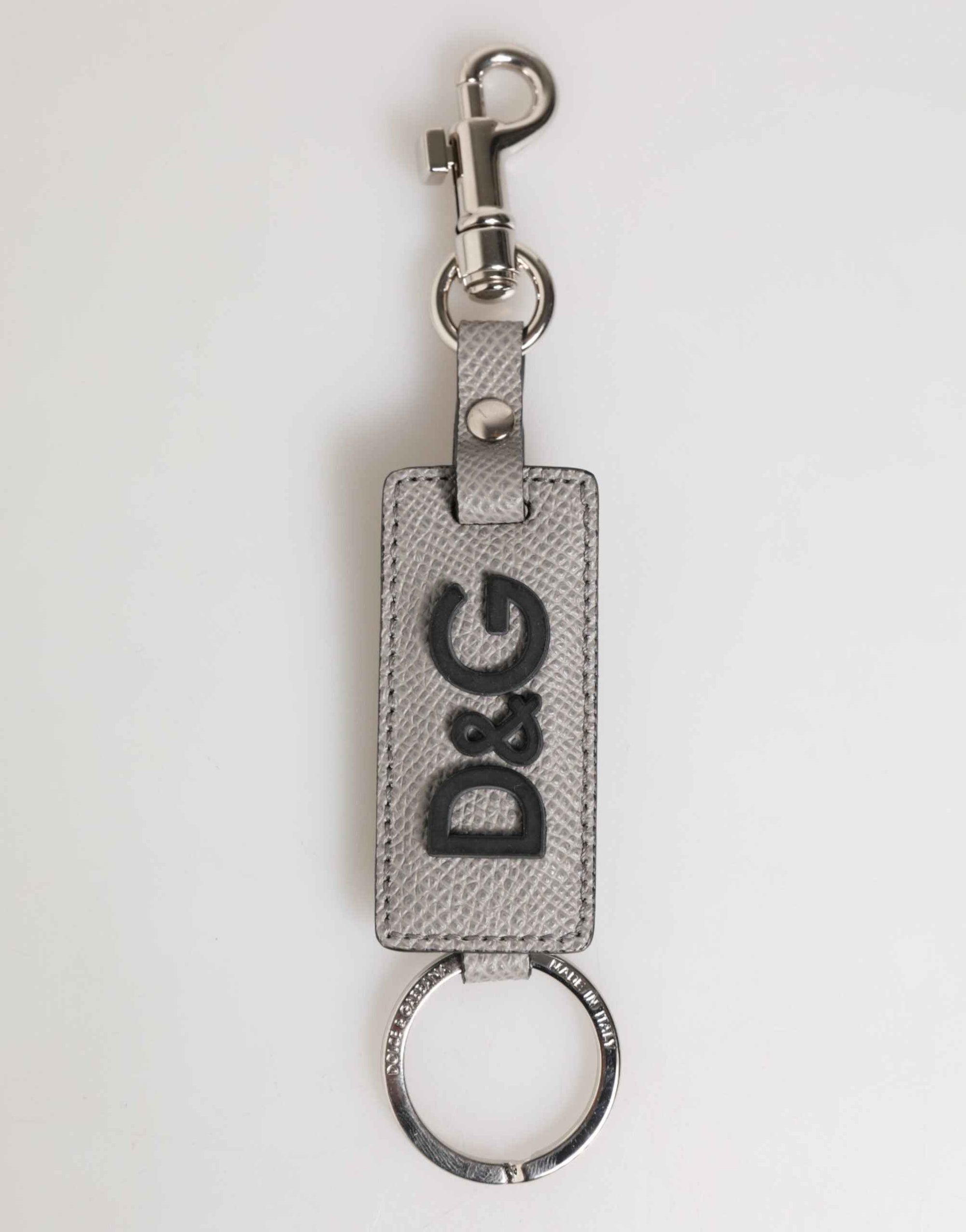 Dolce & Gabbana Gray Leather Logo Metal Ring Keychain Holder Men Keyring