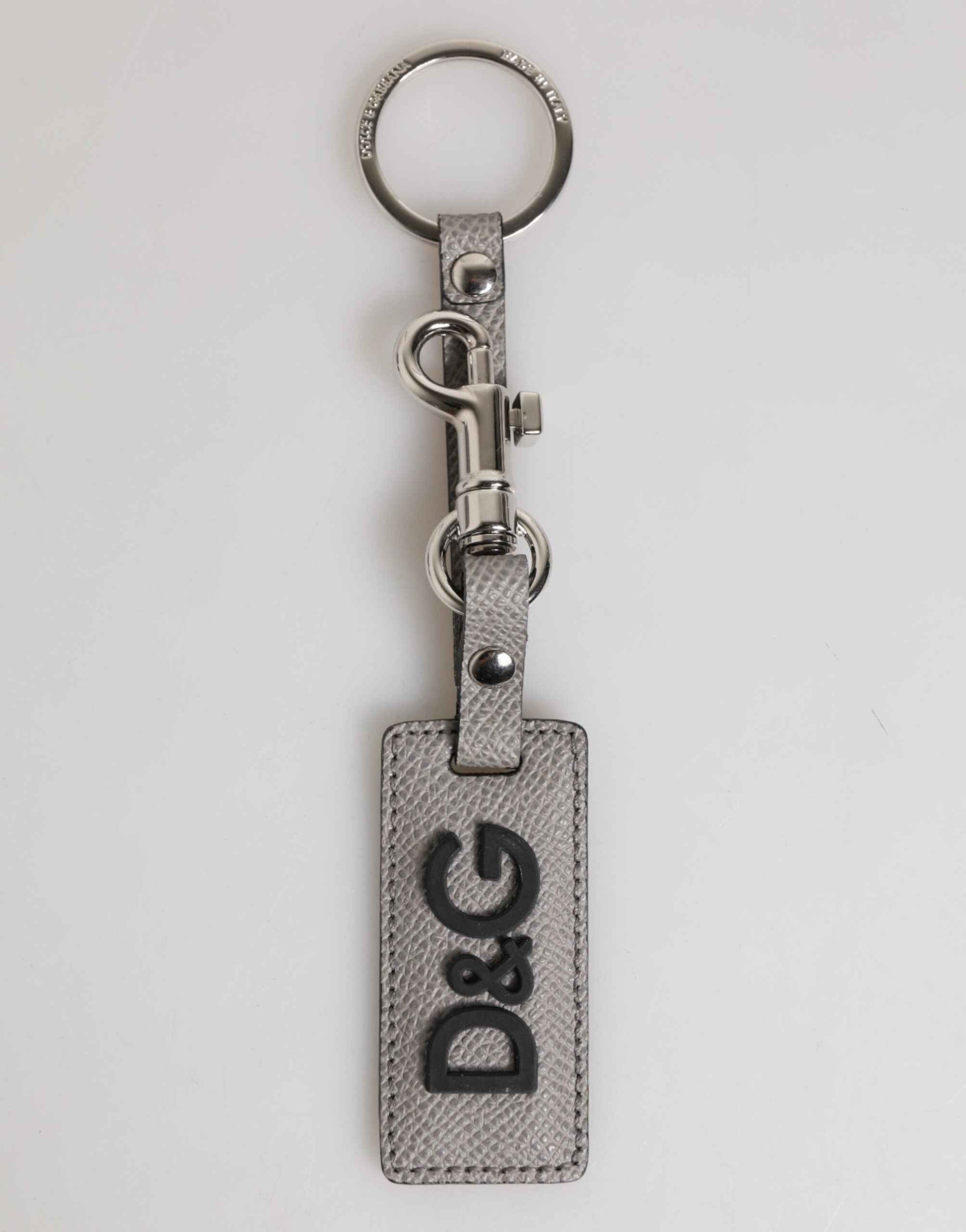 Dolce & Gabbana Gray Leather Logo Metal Ring Keychain Holder Men Keyring