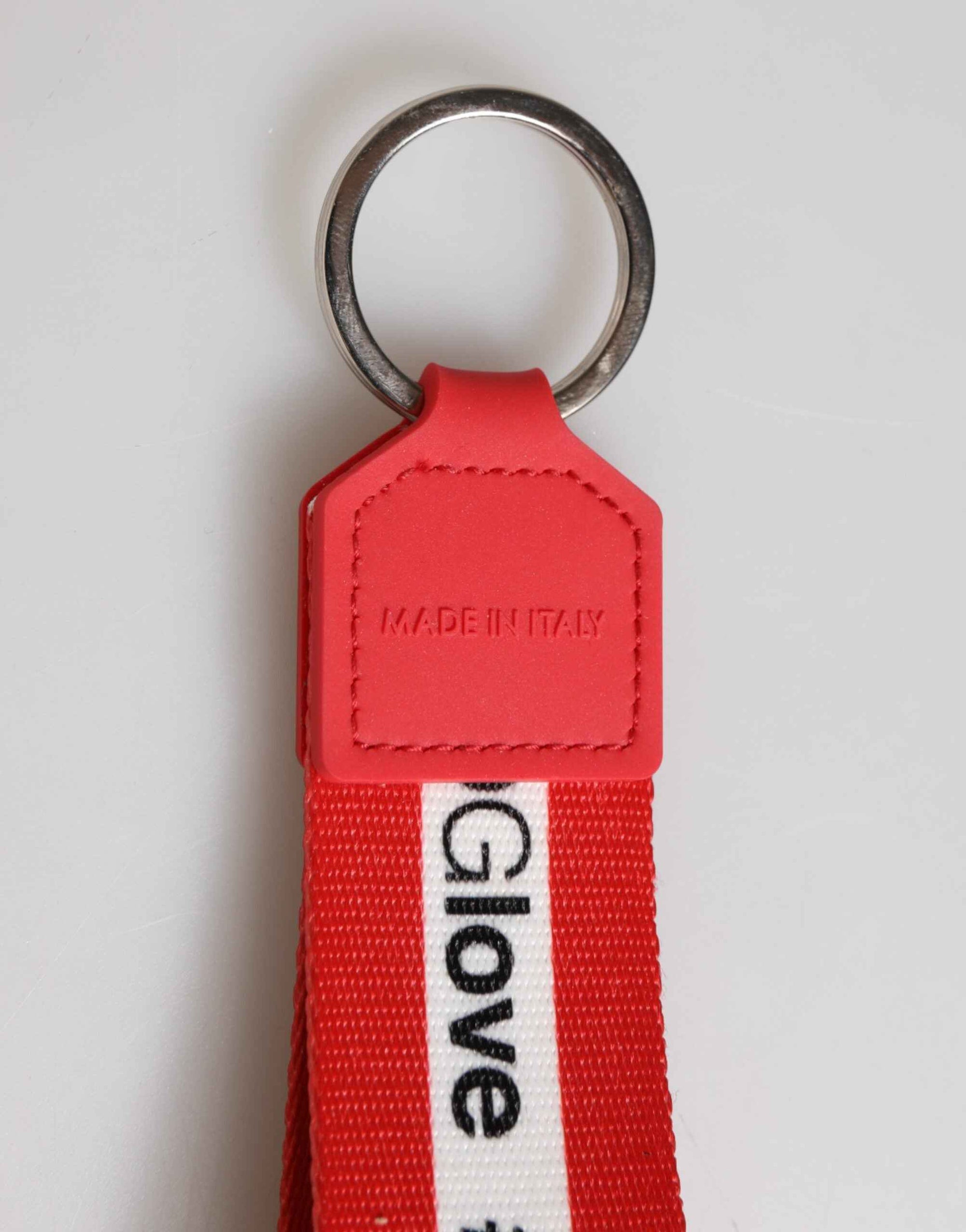 Dolce & Gabbana Red Logo Polyester Silver Brass Holder Keychain Men Keyring