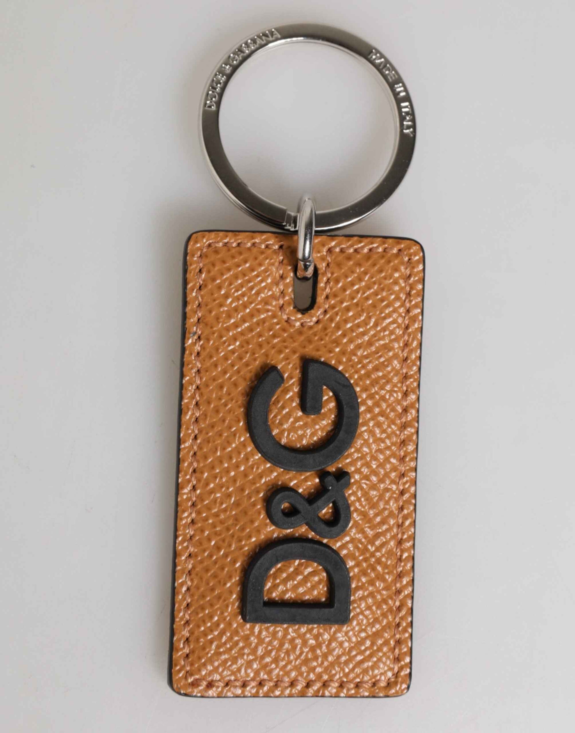 Dolce & Gabbana Brown Leather Logo Metal Ring Keychain Holder Men Keyring