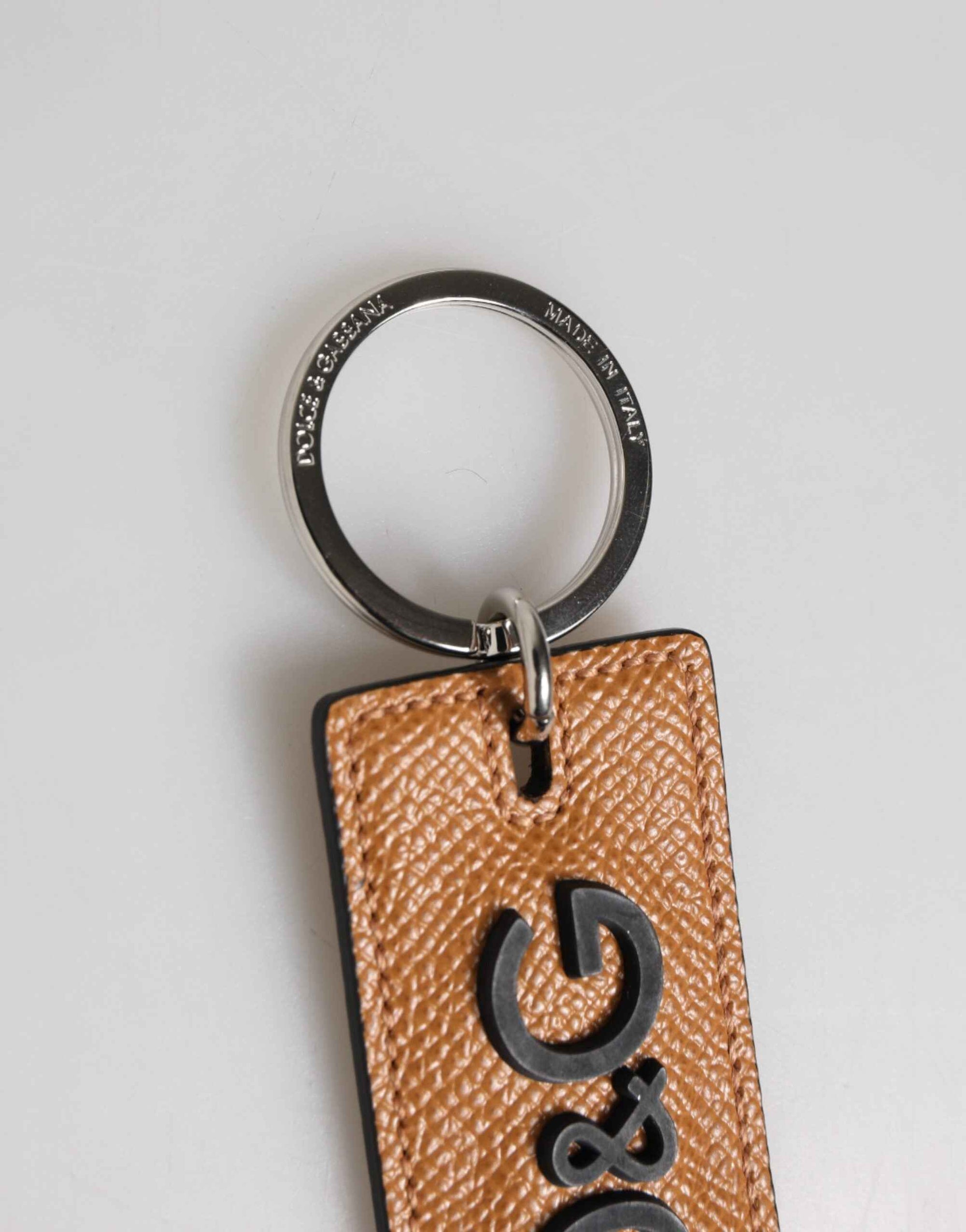 Dolce & Gabbana Brown Leather Logo Metal Ring Keychain Holder Men Keyring