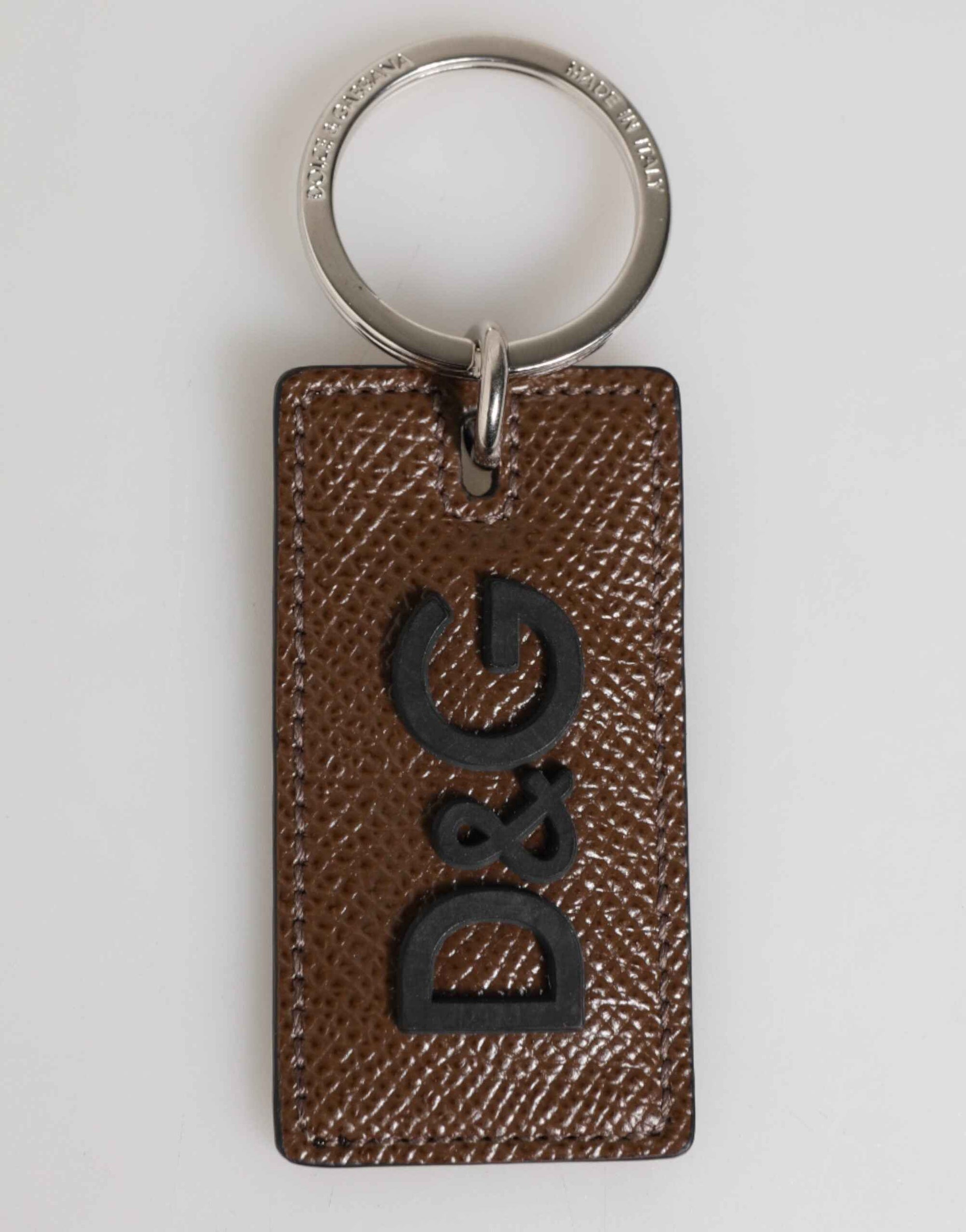 Dolce & Gabbana Dark Brown Leather Logo Metal Ring Keychain Holder Keyring