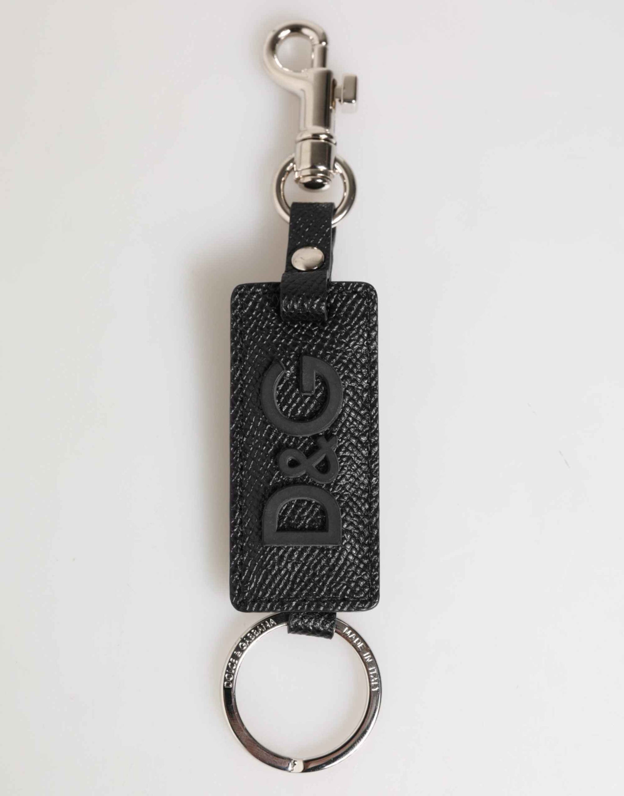 Dolce & Gabbana Black Leather Logo Metal Ring Keychain Holder Keyring