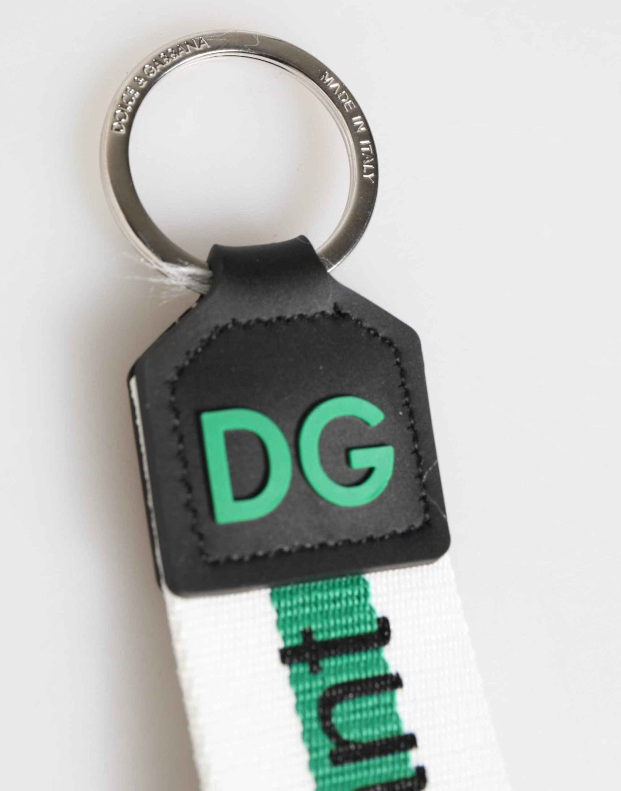 Dolce & Gabbana Green Logo Polyester Silver Brass Holder Keychain Keyring