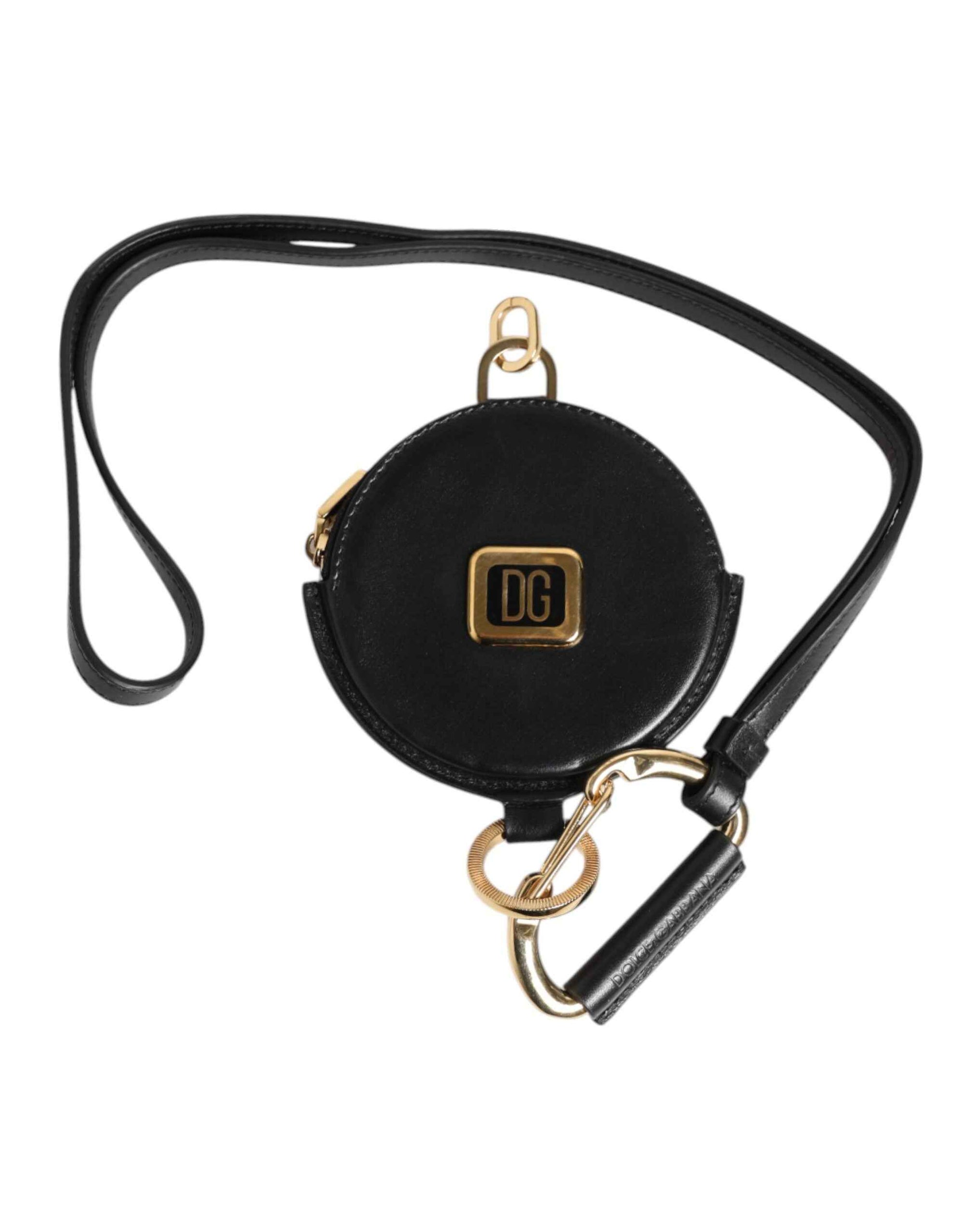 Dolce & Gabbana Black Round Leather DG Logo Coin Purse Lanyard Wallet
