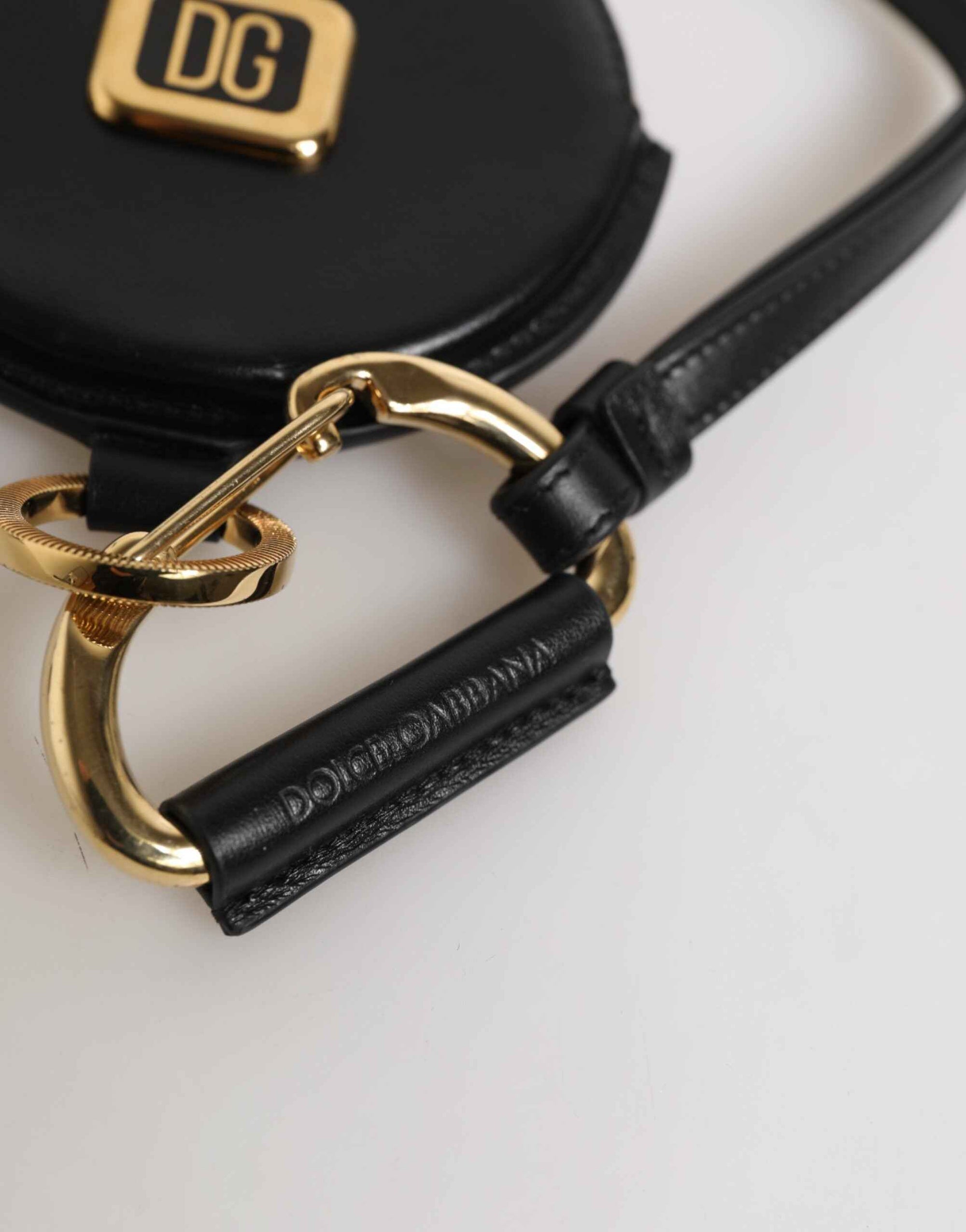 Dolce & Gabbana Black Round Leather DG Logo Coin Purse Lanyard Wallet