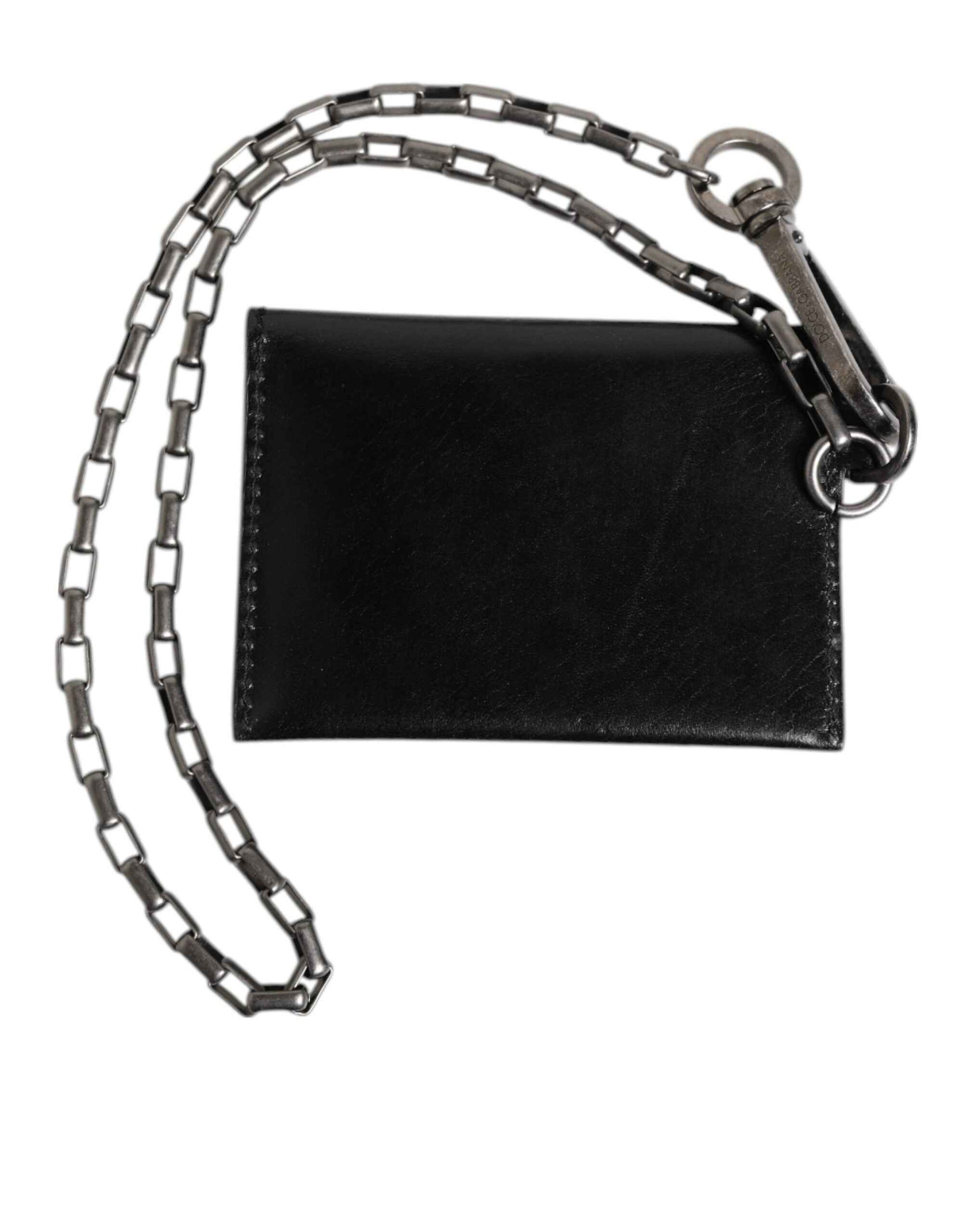 Dolce & Gabbana Black Cavallo Leather Wallet Chain Snap Bifold Card Holder