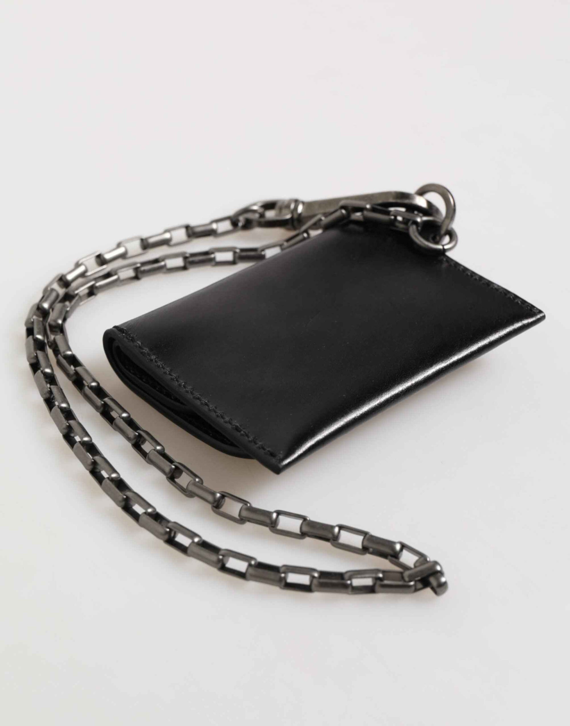 Dolce & Gabbana Black Cavallo Leather Wallet Chain Snap Bifold Card Holder