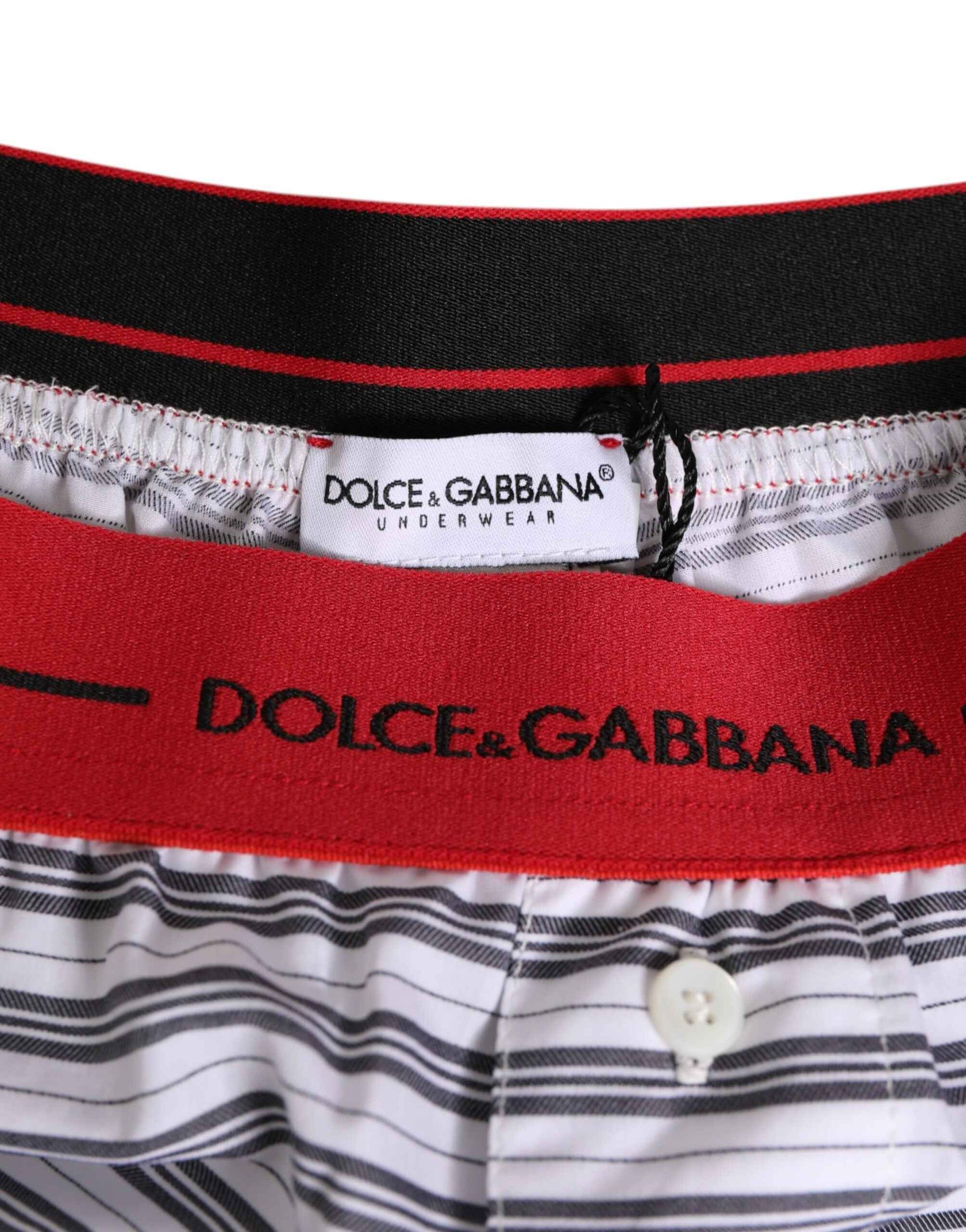 Dolce & Gabbana White Striped Cotton Red Waistband Shorts Swimwear