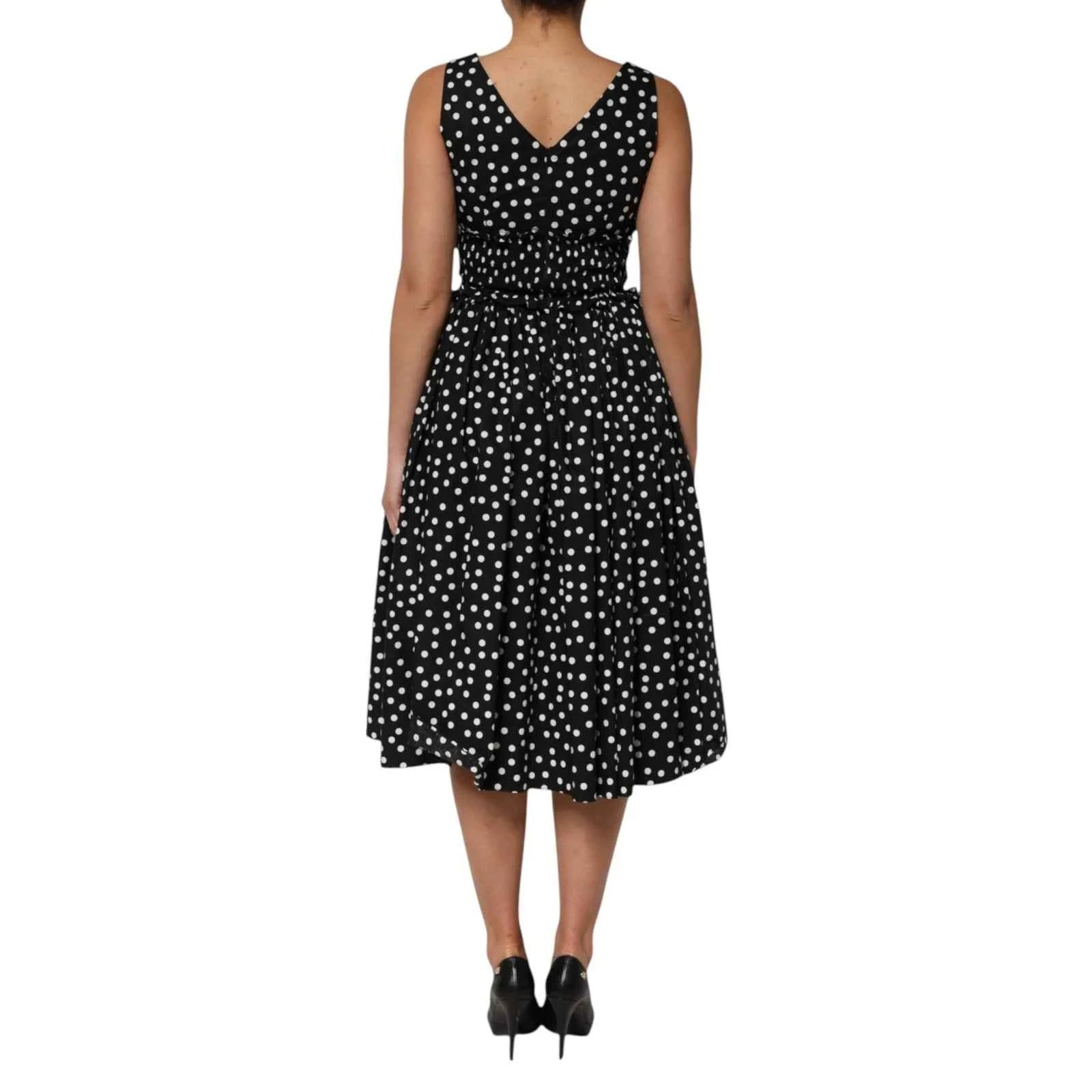 Dolce & Gabbana Black White Cotton Polka Dot Print V Neck Dress