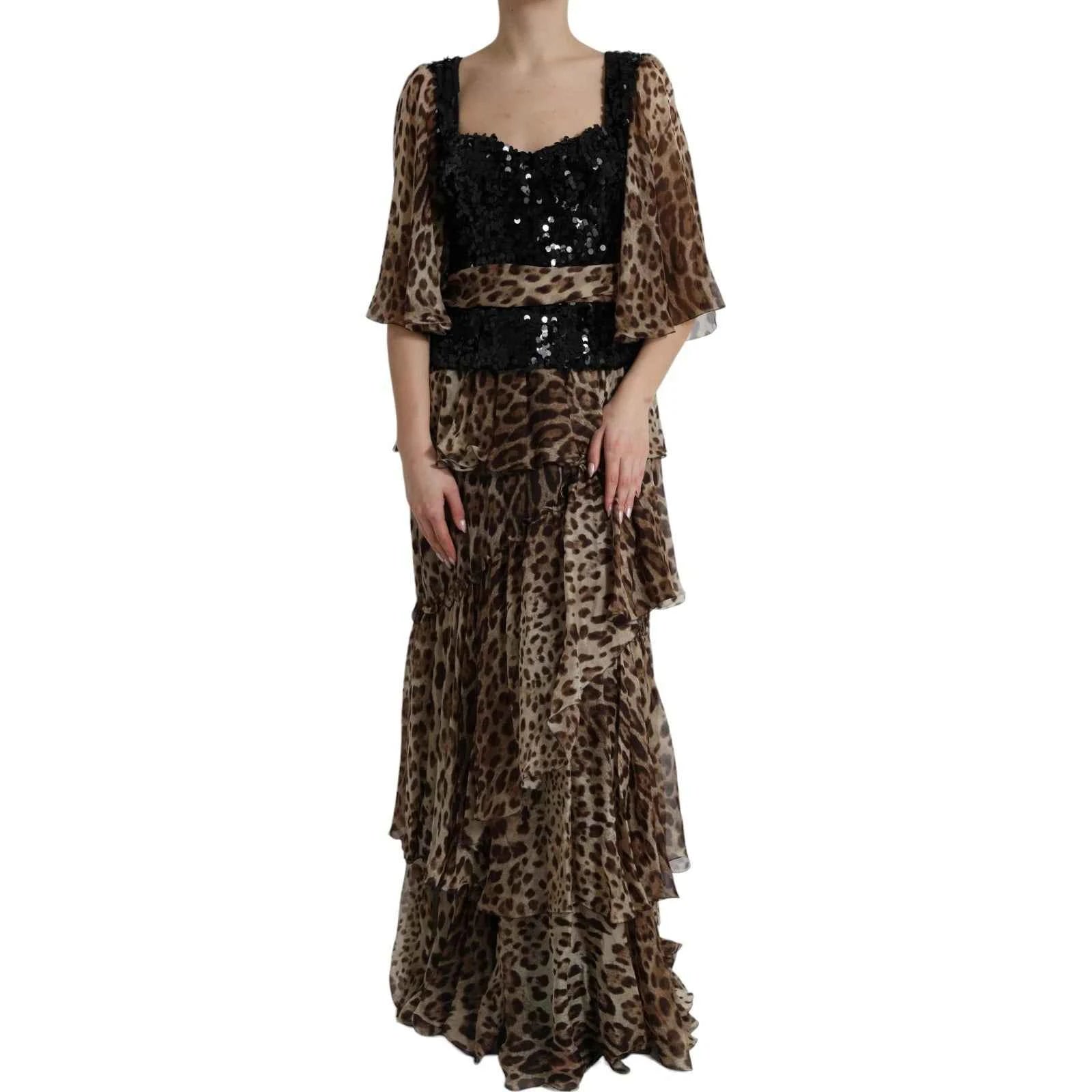 Dolce & Gabbana Leopard Print Silk Sequin Ruffle Maxi Dress