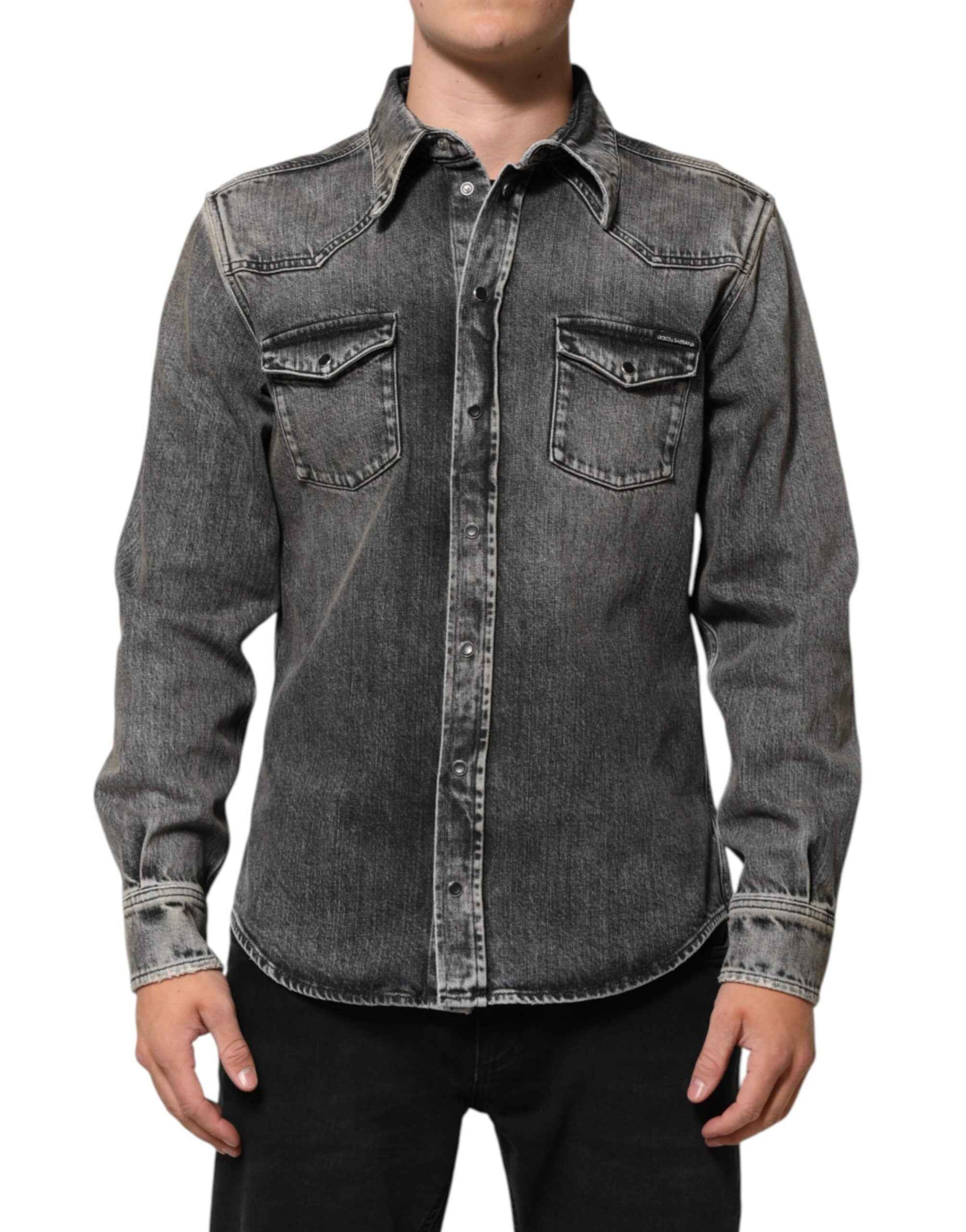 Dolce & Gabbana Black Washed Cotton Snap Long Sleeve Casual Shirt