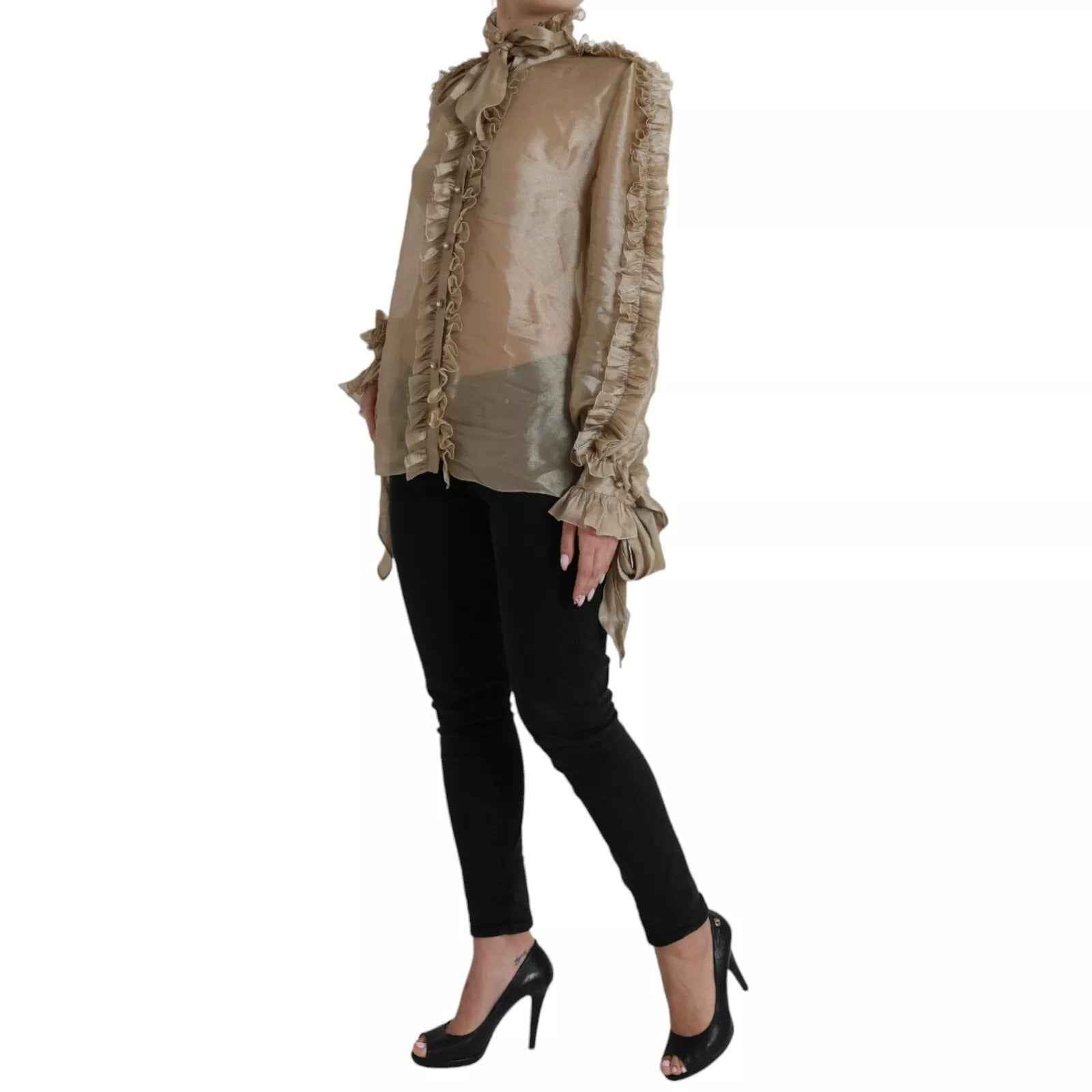Dolce & Gabbana Gold Ascot Collar Ruffles Blouse Top