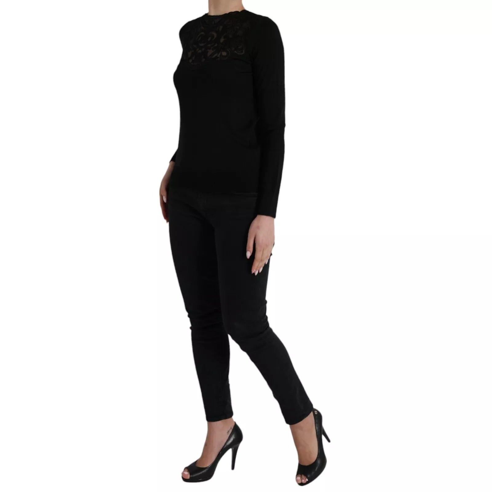 Dolce & Gabbana Black Silk Lace Trim Long Sleeves Blouse Top