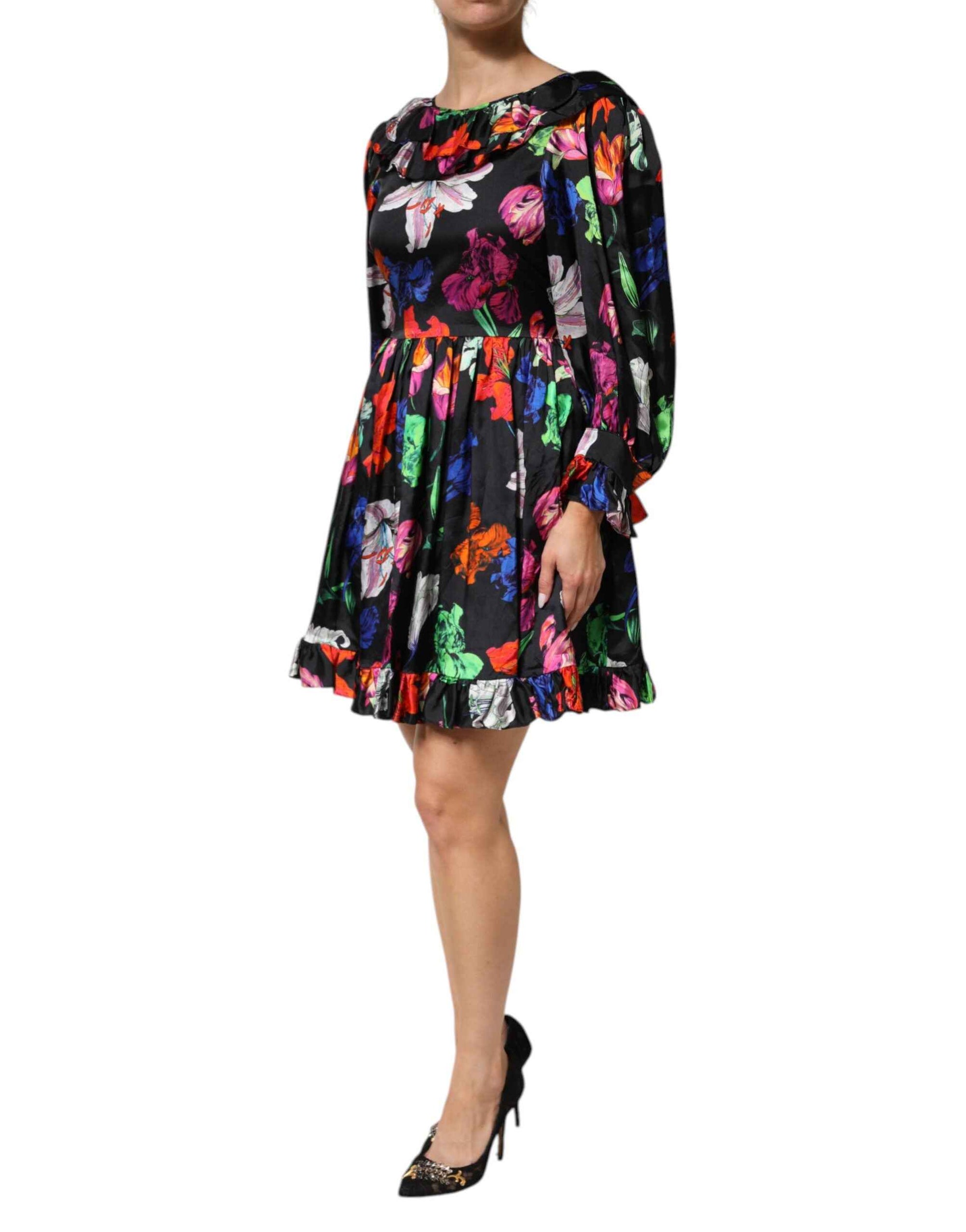 MSGM Dress Black Multicolor Floral Ruffle Long Sleeve Mini Dress