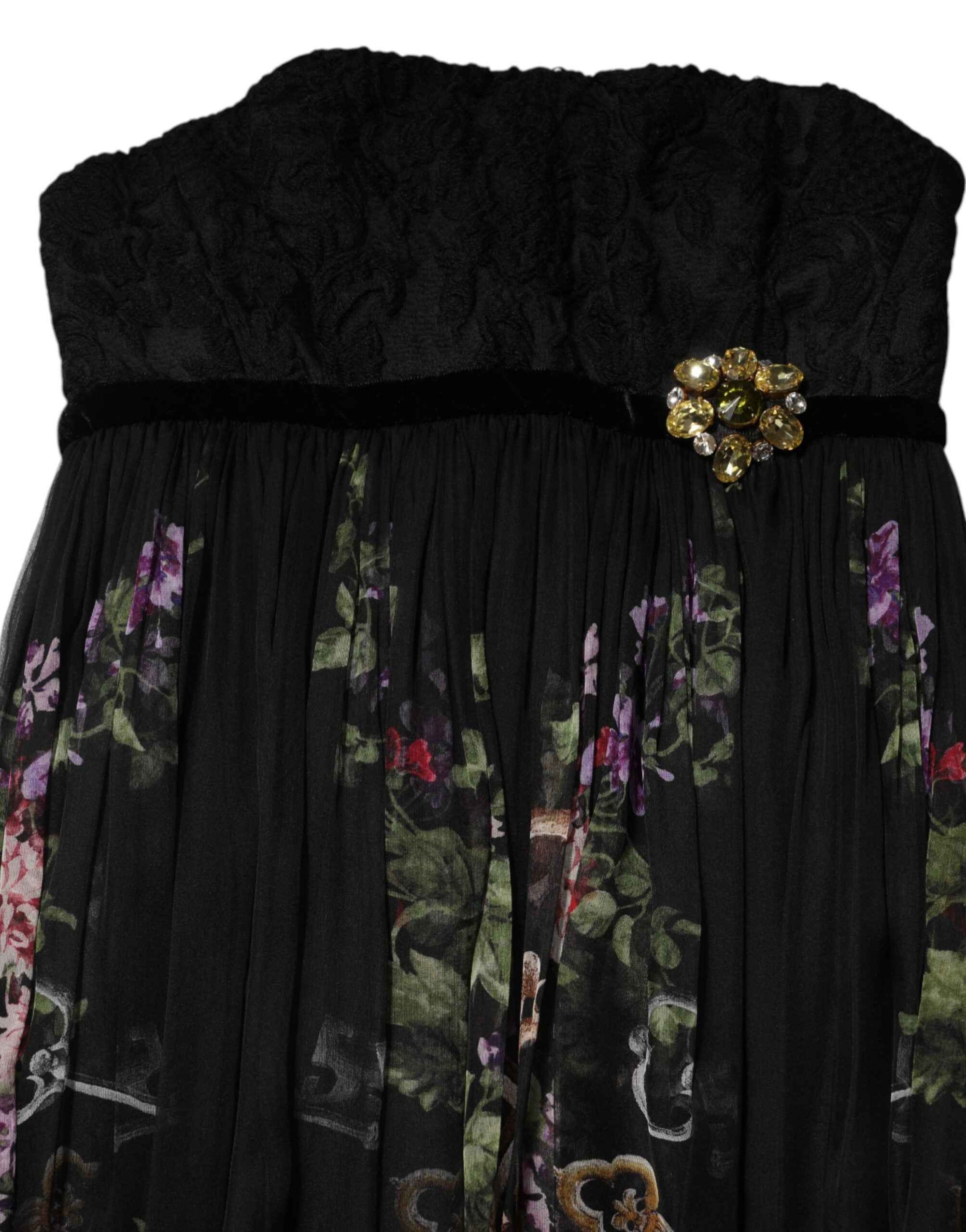 Dolce & Gabbana Black Floral Key Print Crystal Strapless Dress