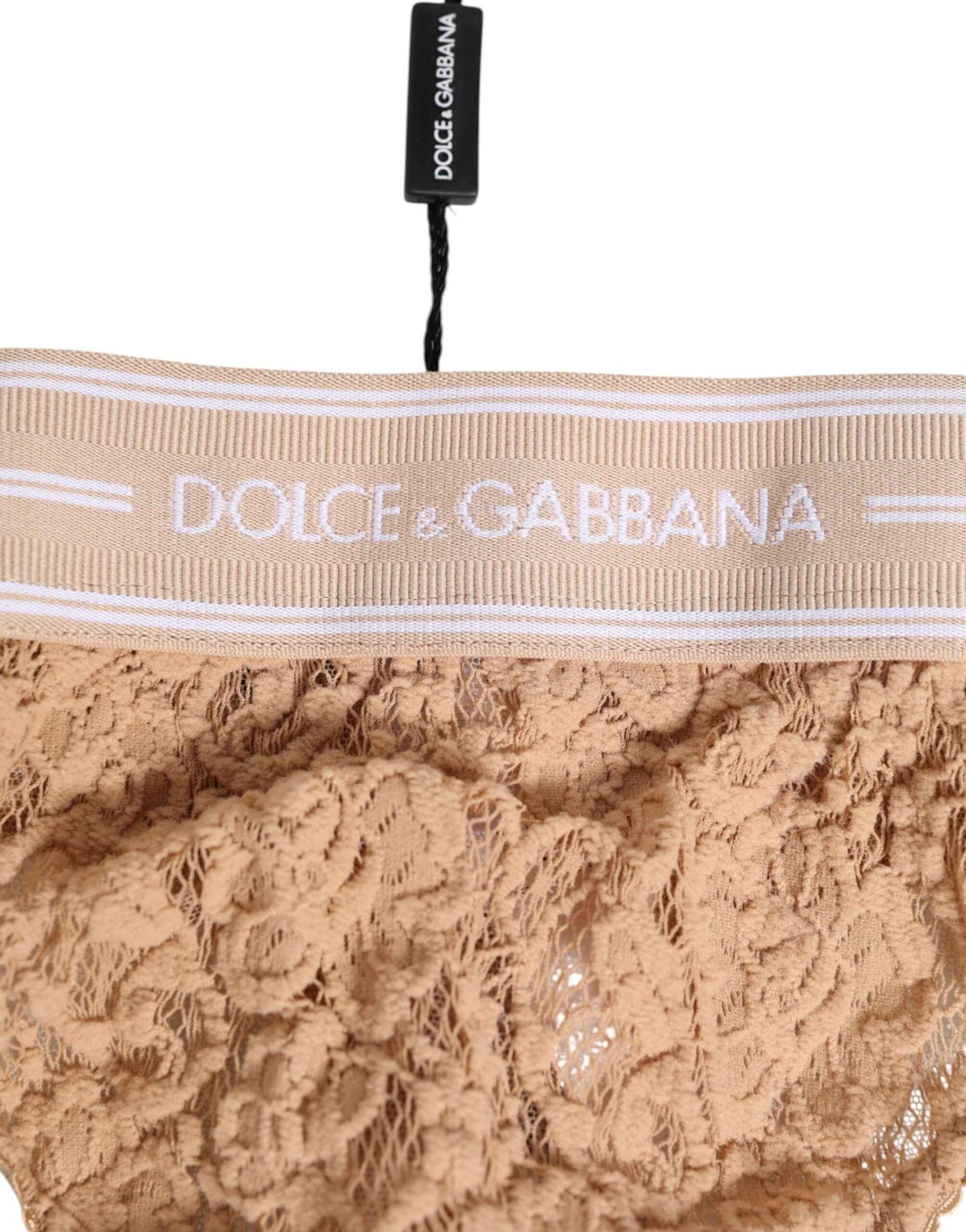 Dolce & Gabbana Beige Lace Logo Elastic Waist Thong Tanga Underwear