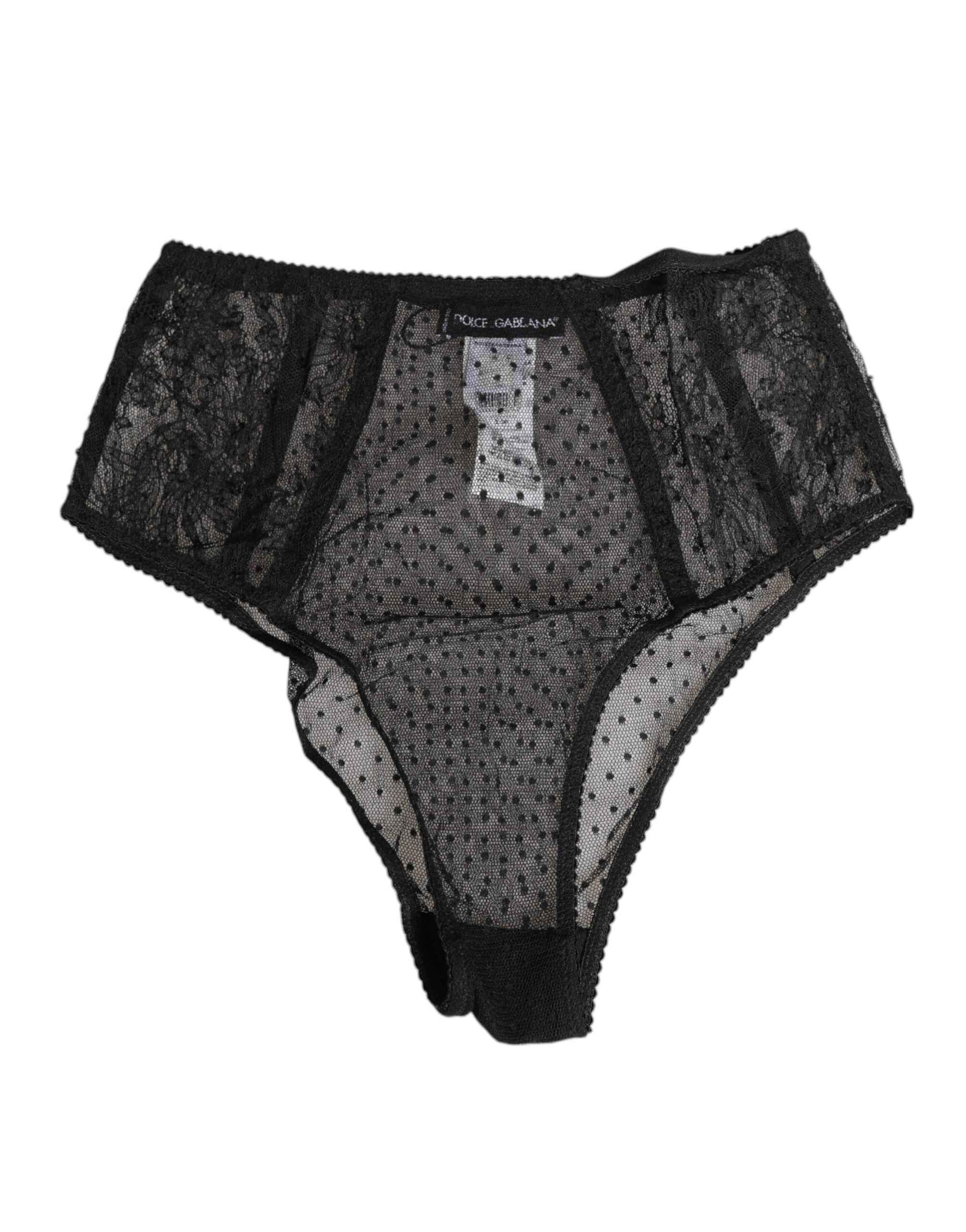Dolce & Gabbana Black Lace Polka Dot Mesh High Waist Underwear