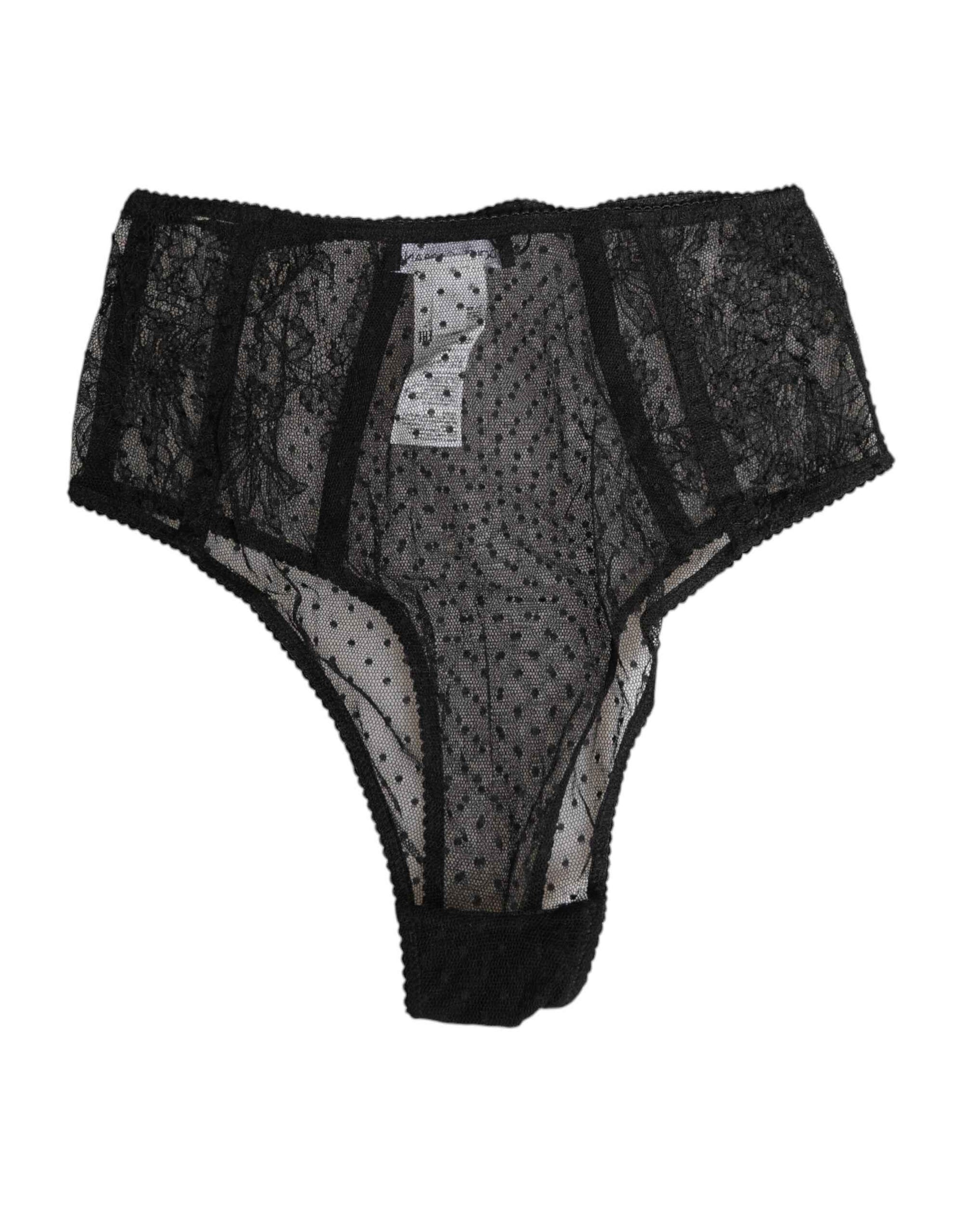 Dolce & Gabbana Black Lace Polka Dot Mesh High Waist Underwear