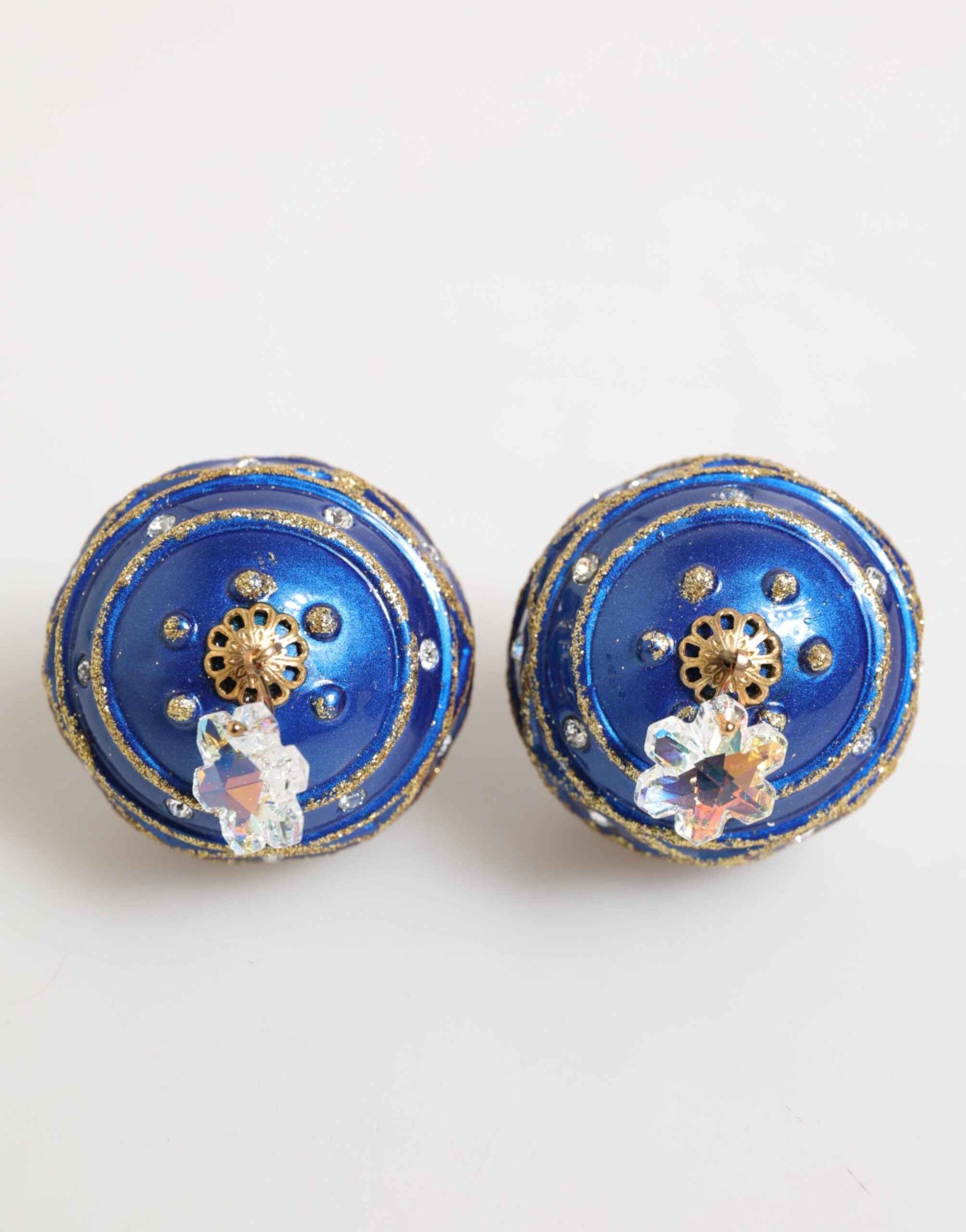 Dolce & Gabbana Gold Brass Blue Christmas Ball Crystal Drop Clip On Earrings
