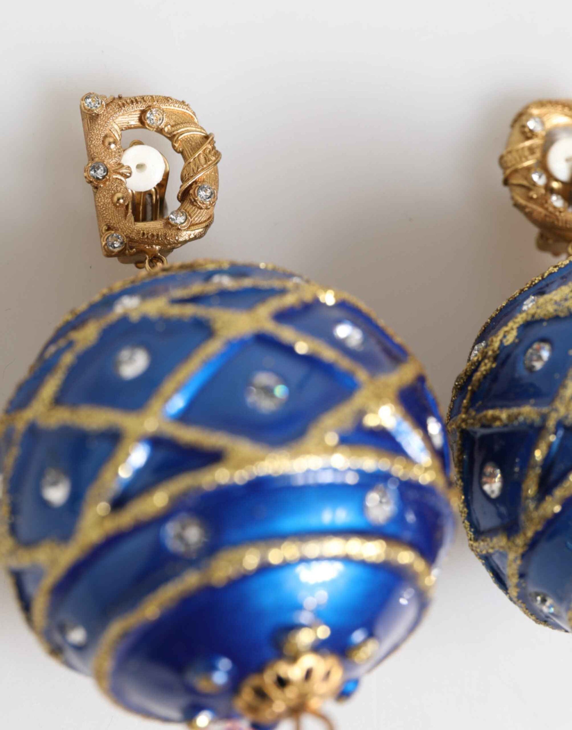 Dolce & Gabbana Gold Brass Blue Christmas Ball Crystal Drop Clip On Earrings