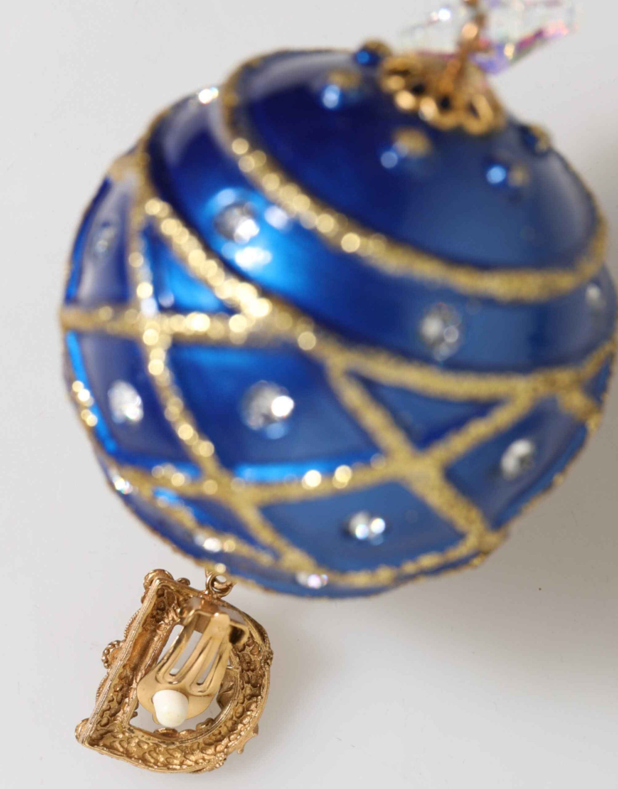 Dolce & Gabbana Gold Brass Blue Christmas Ball Crystal Drop Clip On Earrings