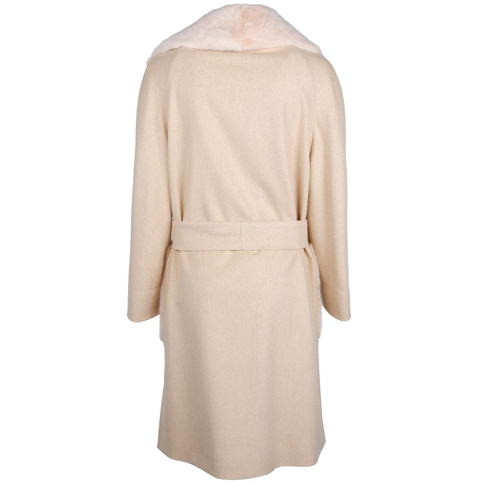 Made in Italy Beige Wool Women Coat with Rabbit Fur Collar