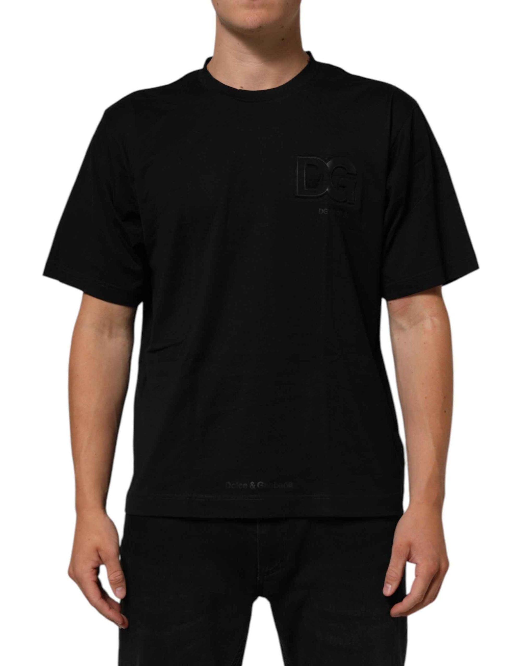 Dolce & Gabbana Black Logo Patch Cotton Men Crew Neck T-shirt