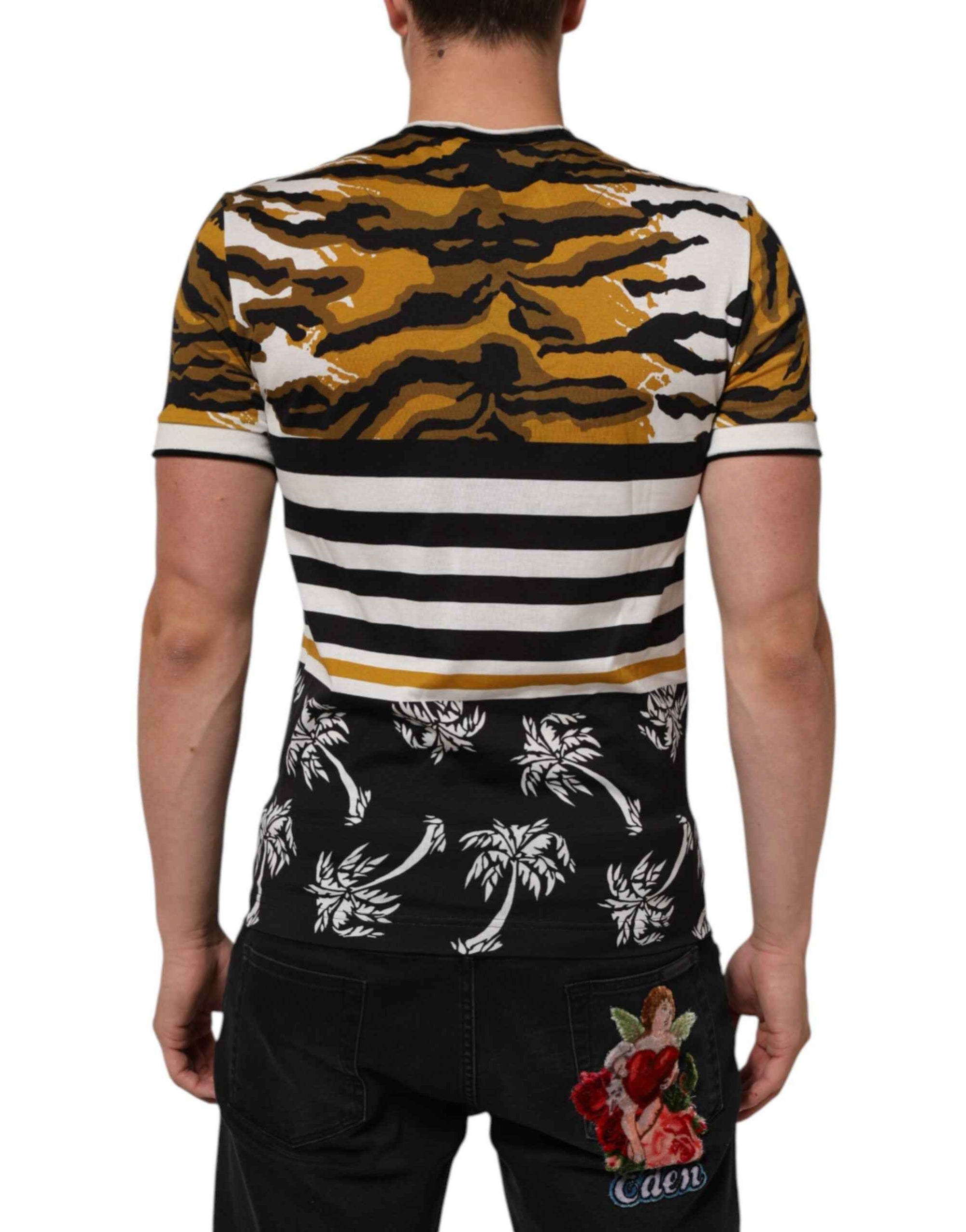 Dolce & Gabbana Multicolor Leopard Palm Leaf Men Crew Neck T-shirt