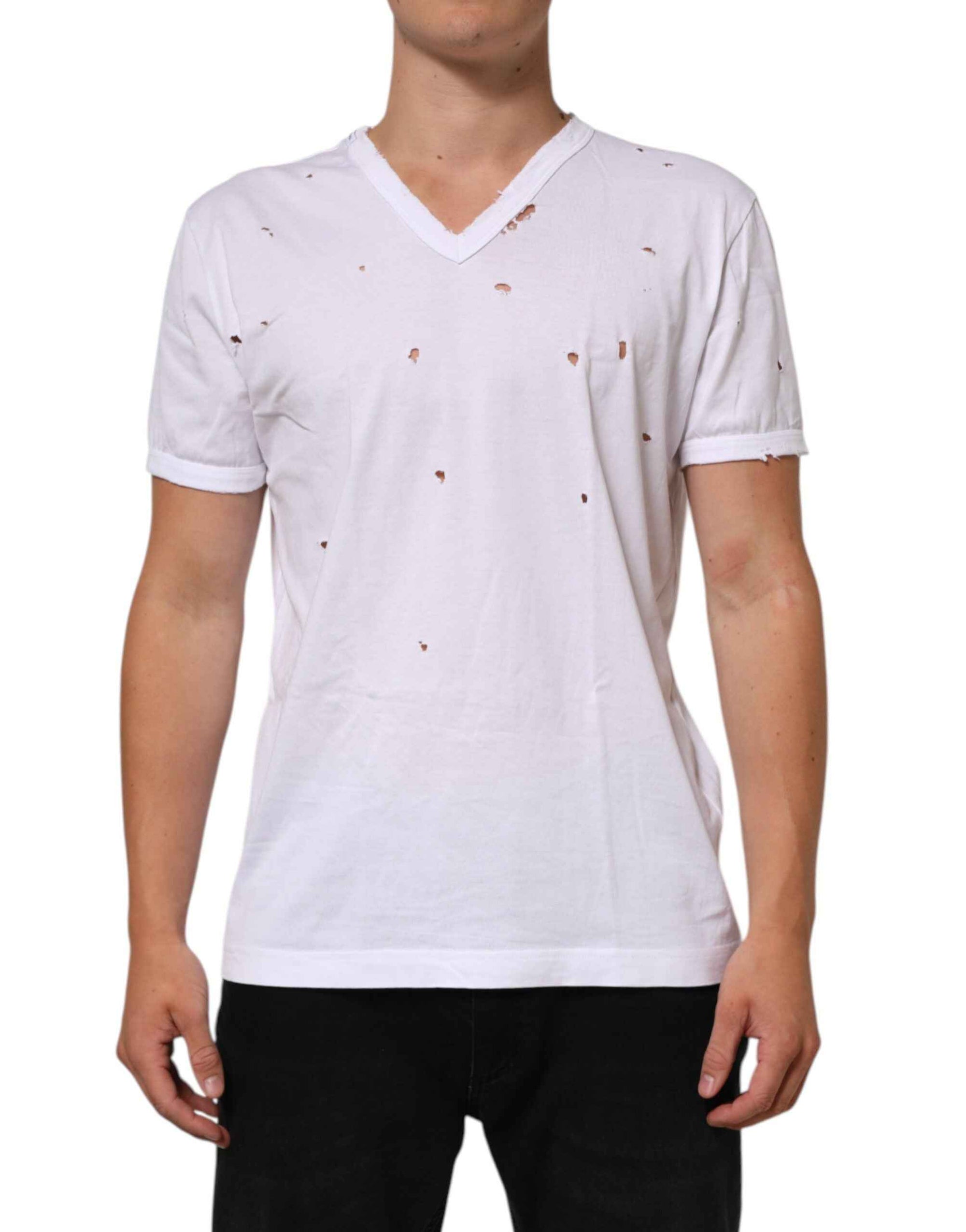 Dolce & Gabbana White Distressed Cotton V Neck Men T-shirt