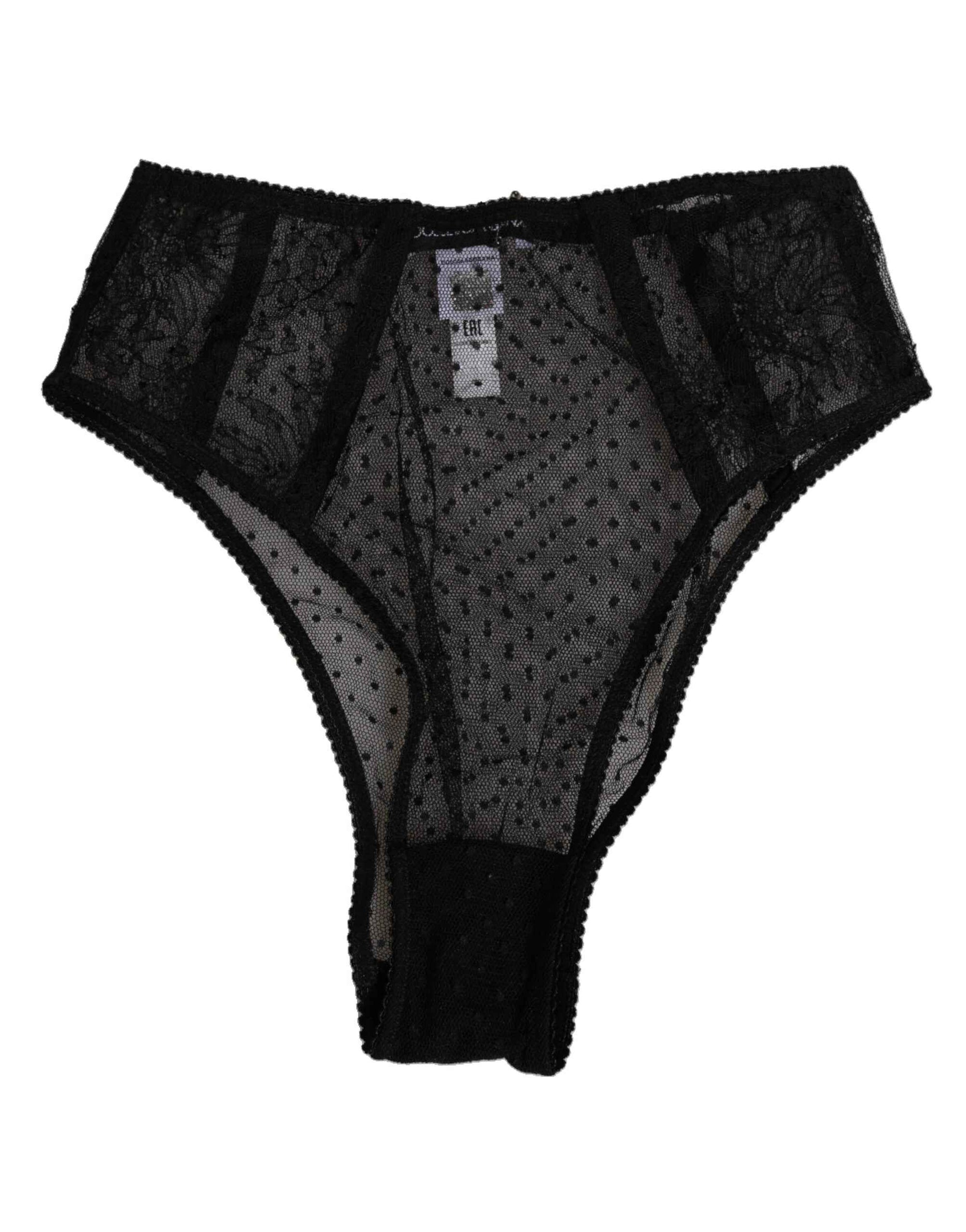 Dolce & Gabbana Black Lace Polka Dot Mesh High Waist Underwear