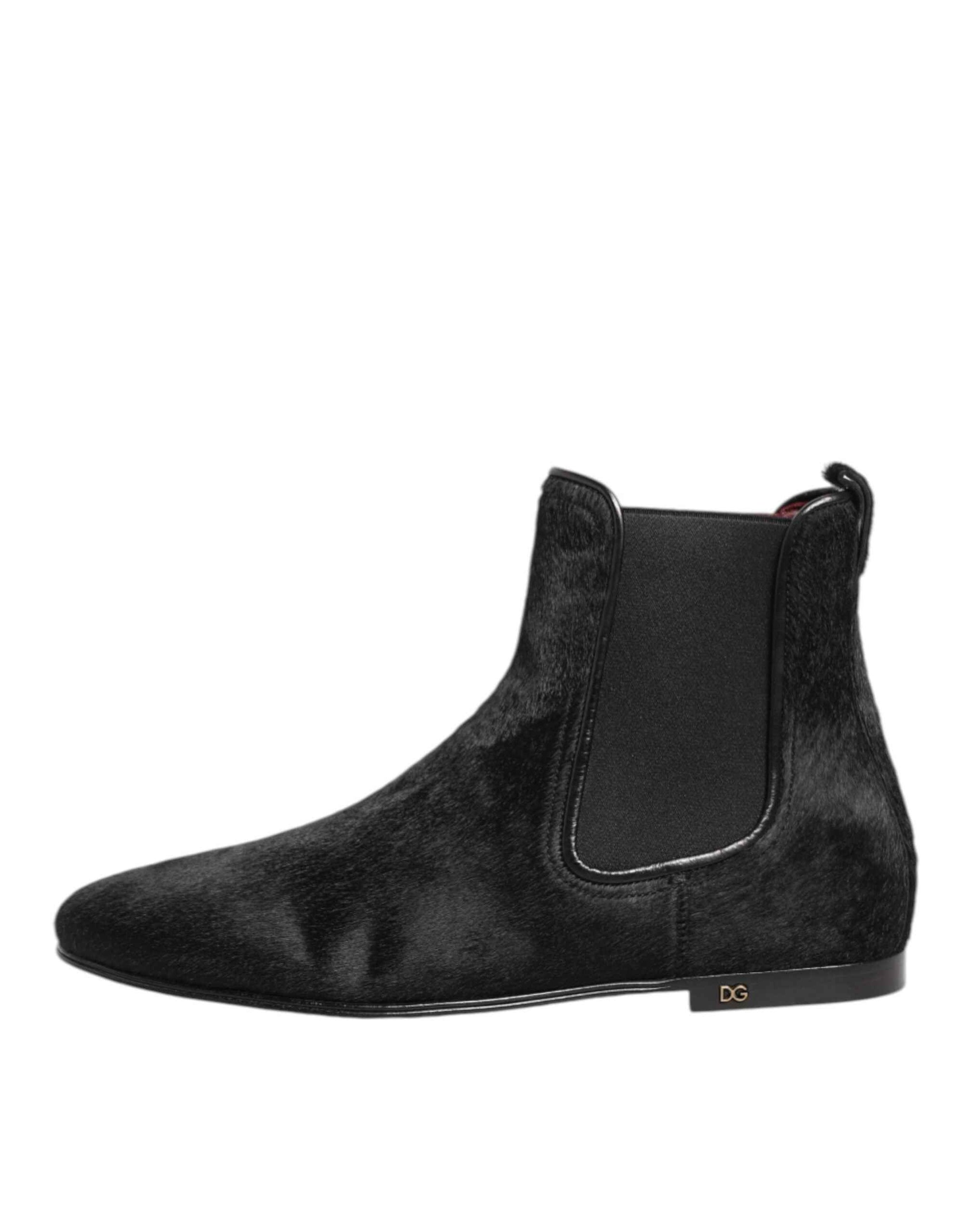 Dolce & Gabbana Black Leather Fur Men CHELSEA Boots Shoes