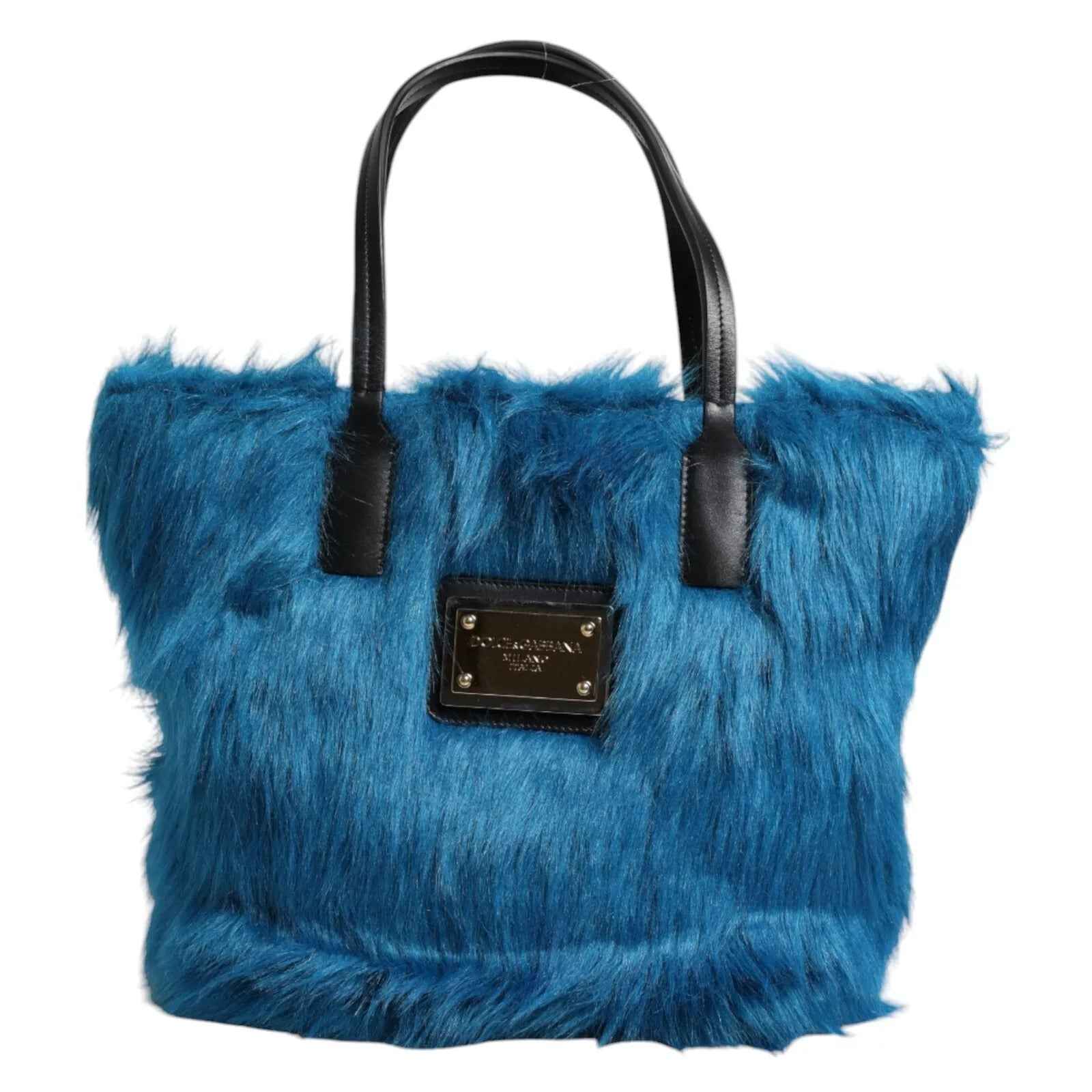 Dolce & Gabbana Blue Fur Logo Plaque Double Handle Shoulder Bag