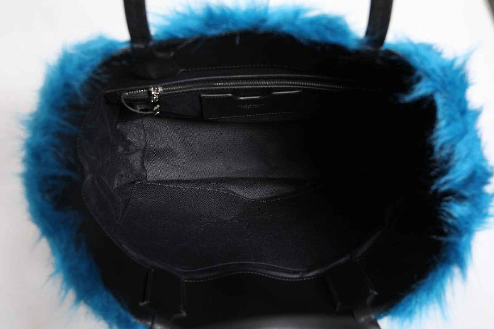 Dolce & Gabbana Blue Fur Logo Plaque Double Handle Shoulder Bag
