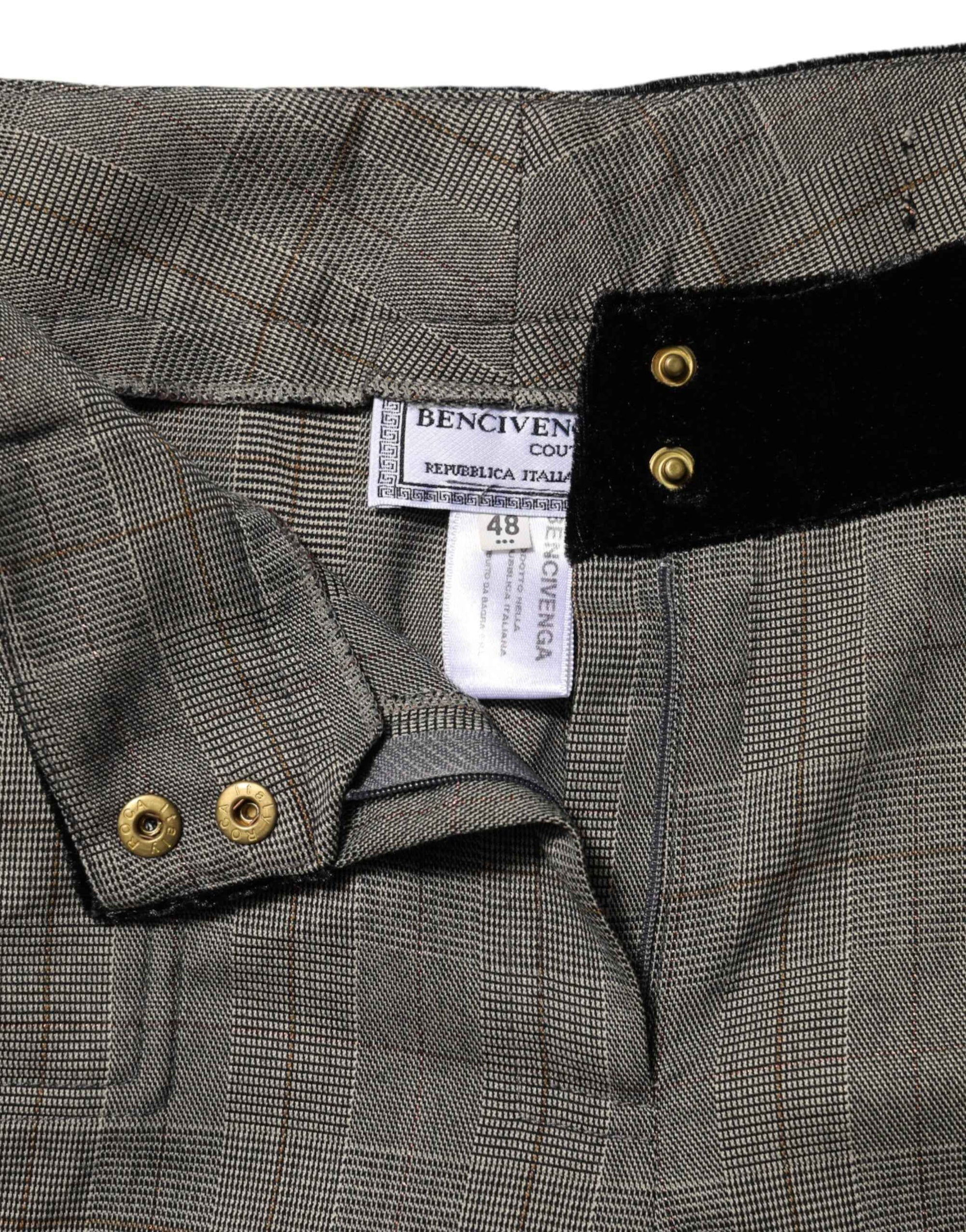 BENCIVENGA Gray Wool Blend Plaid Straight Leg Velvet Waist Pants