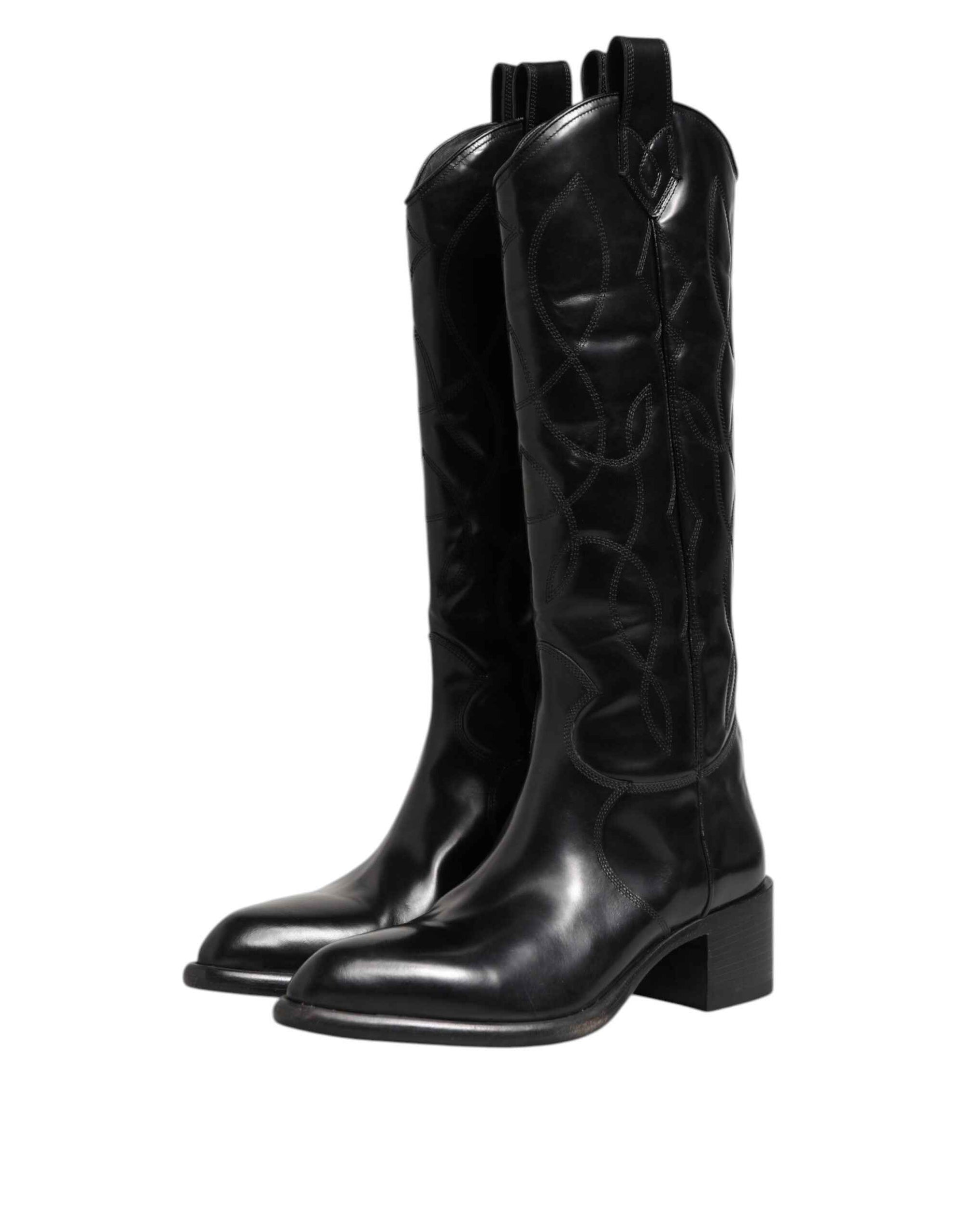 Dolce & Gabbana Black Leather Over The Calf Biker Boots Shoes