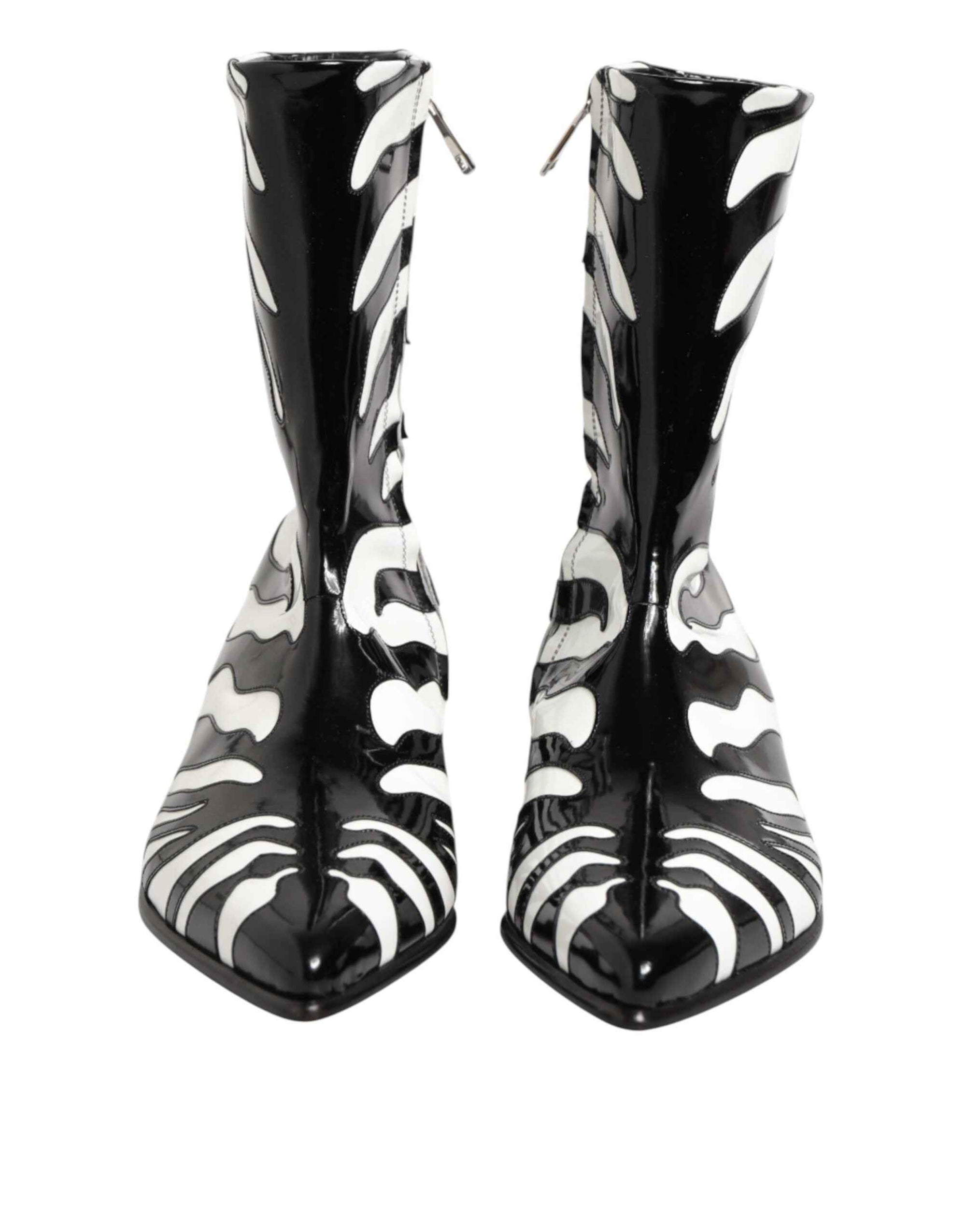 Dolce & Gabbana Black White Zebra Leather Mid Calf Boots Shoes