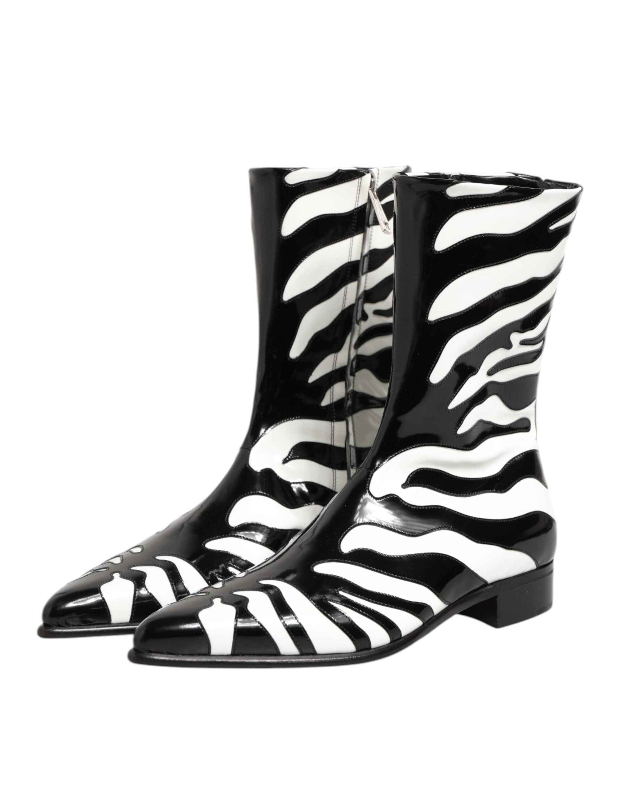 Dolce & Gabbana Black White Zebra Leather Mid Calf Boots Shoes