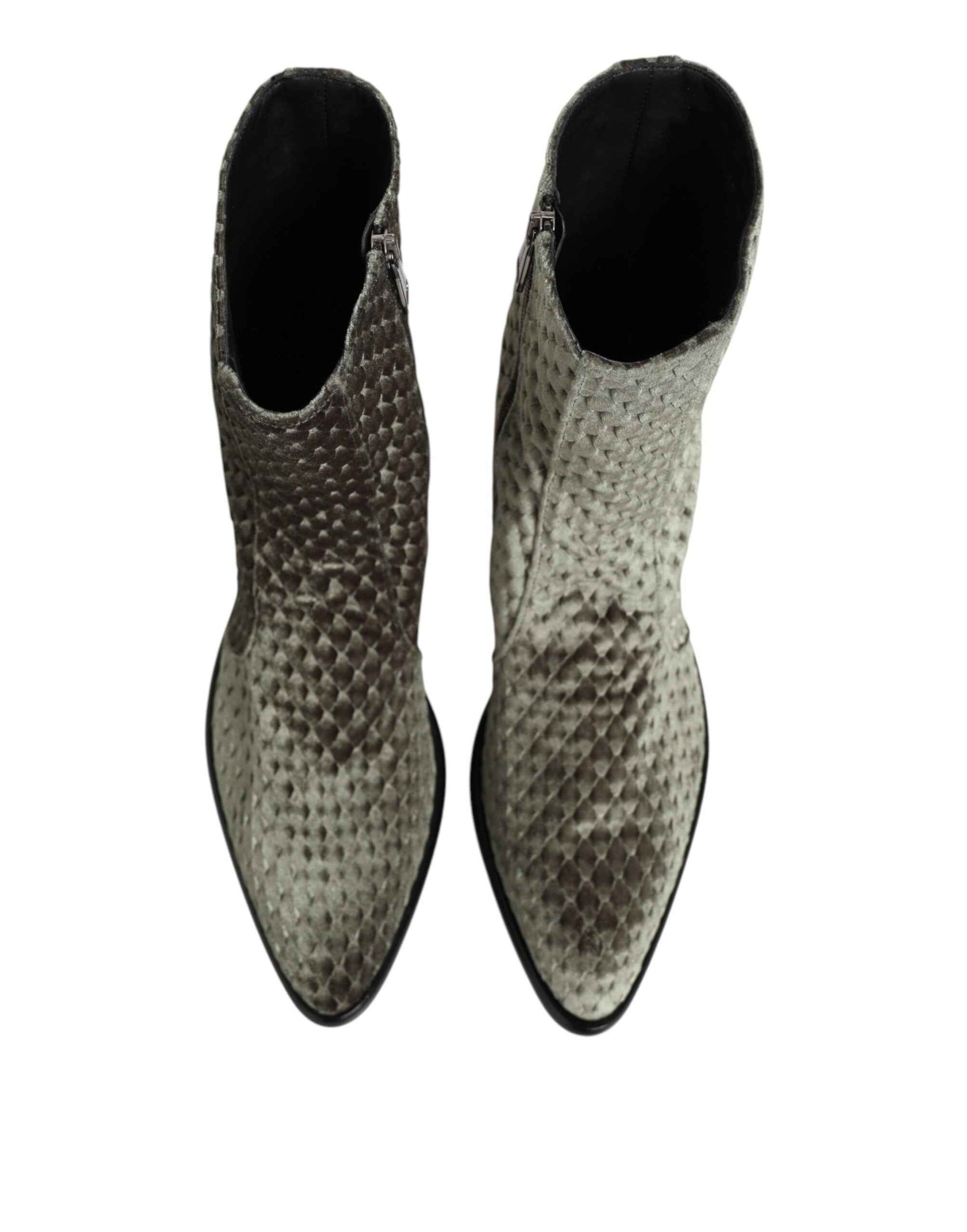 Dolce & Gabbana Gray Cotton Velvet Mid Calf Short Boots Shoes