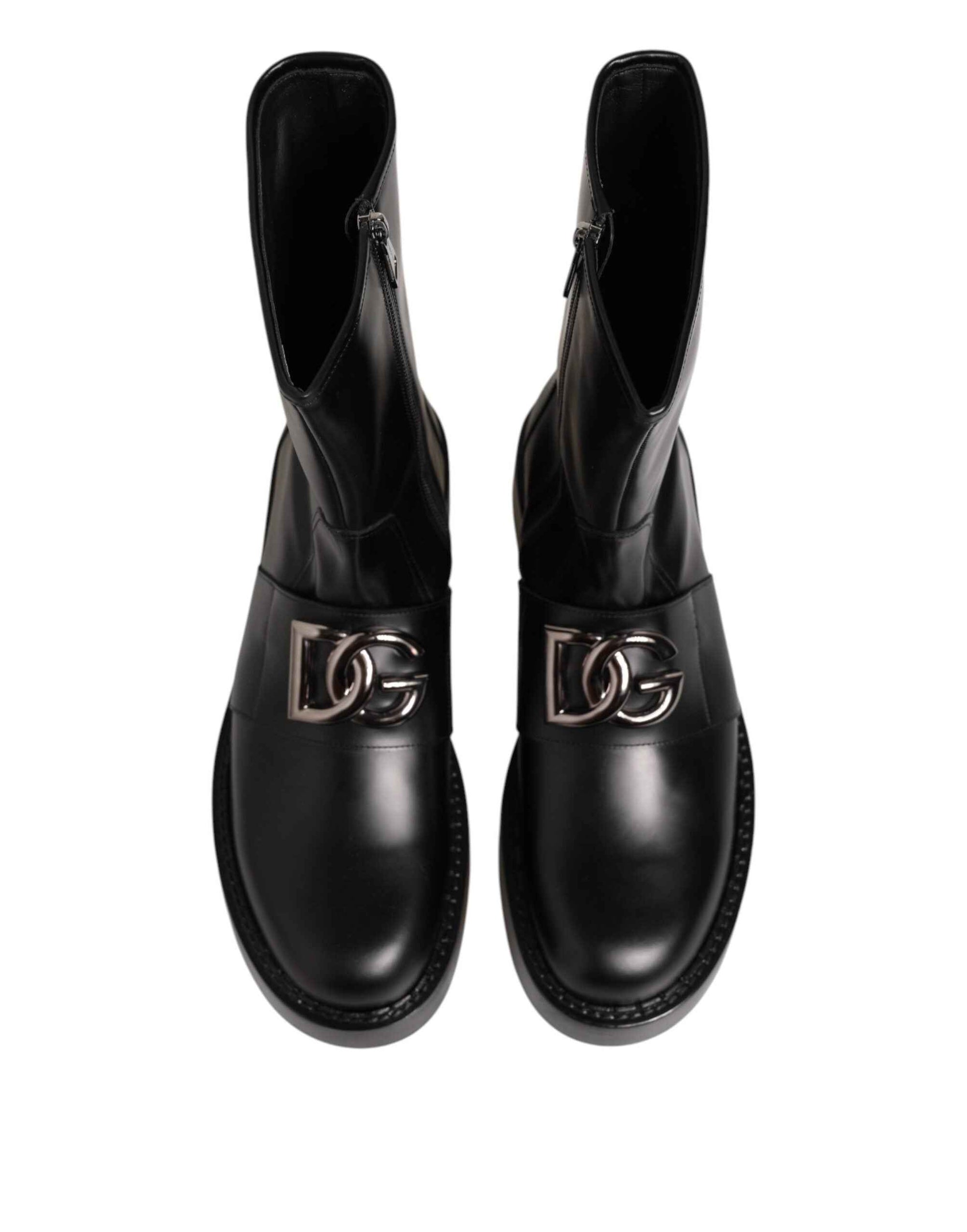 Dolce & Gabbana Black Logo Plaque Mid Calf Biker Boots Shoes