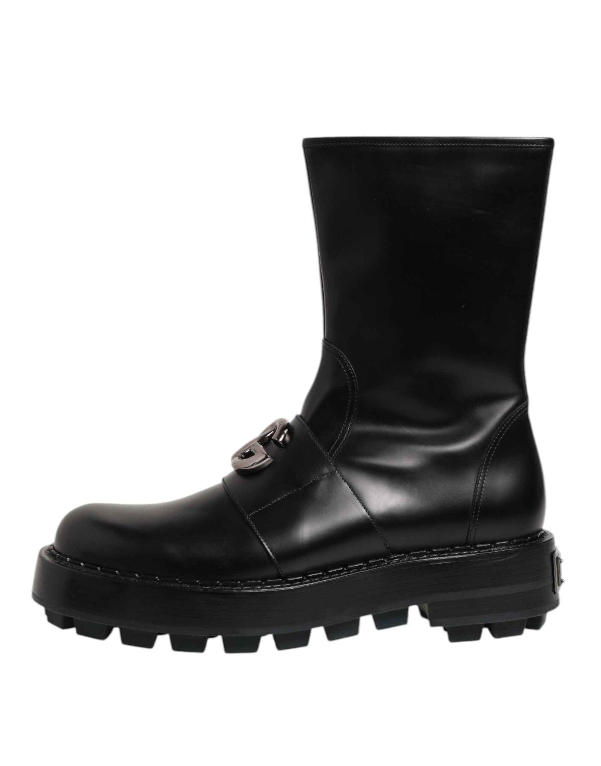 Dolce & Gabbana Black Logo Plaque Mid Calf Biker Boots Shoes