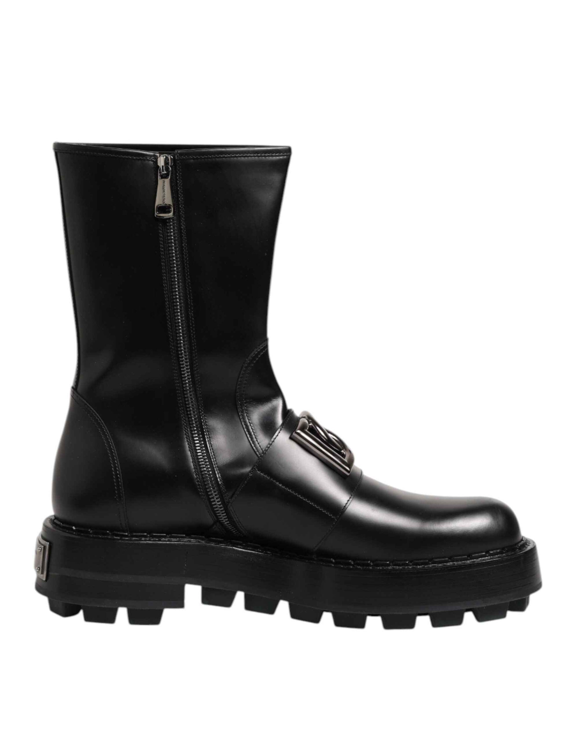 Dolce & Gabbana Black Logo Plaque Mid Calf Biker Boots Shoes