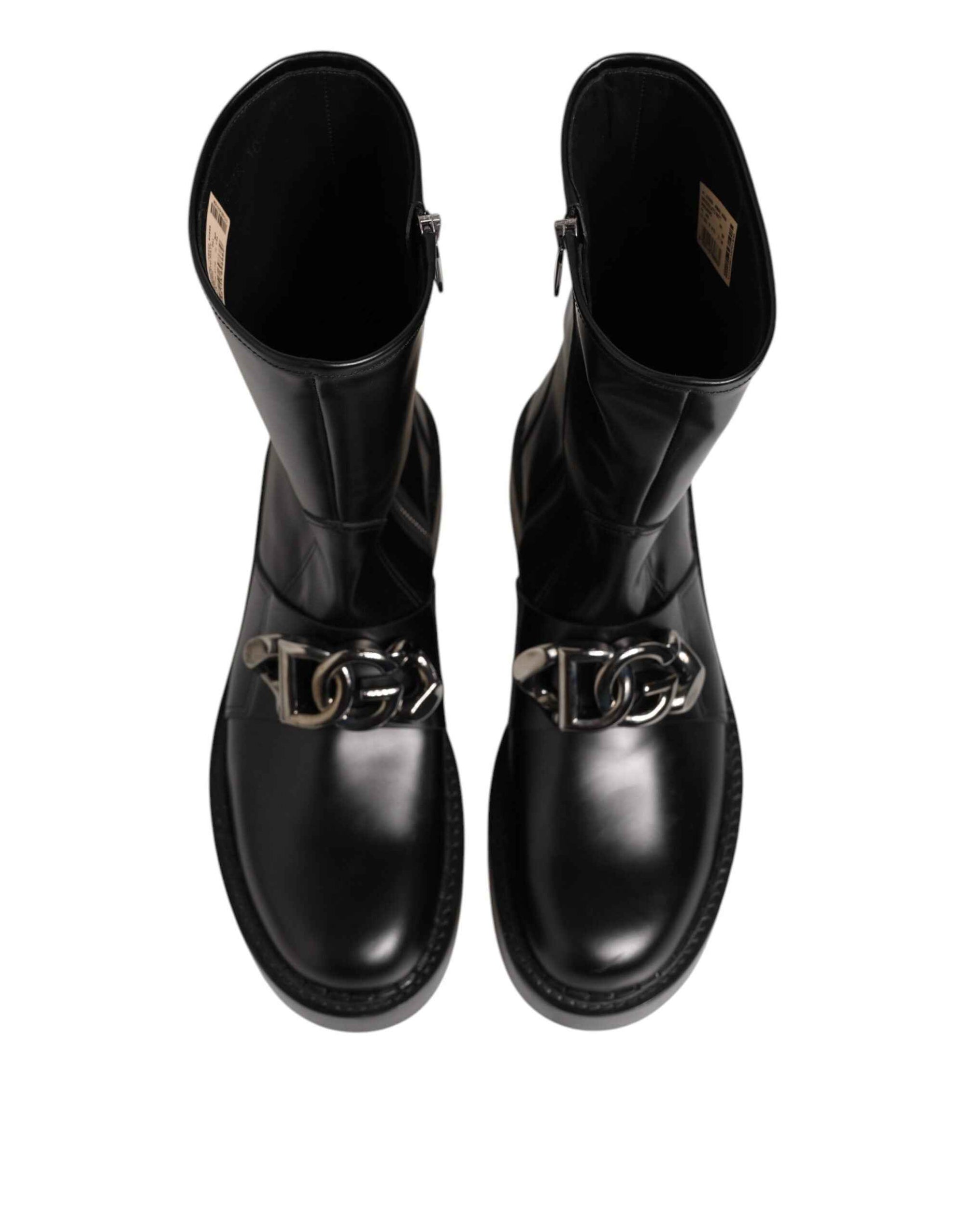 Dolce & Gabbana Black Logo Plaque Mid Calf Biker Boots Shoes