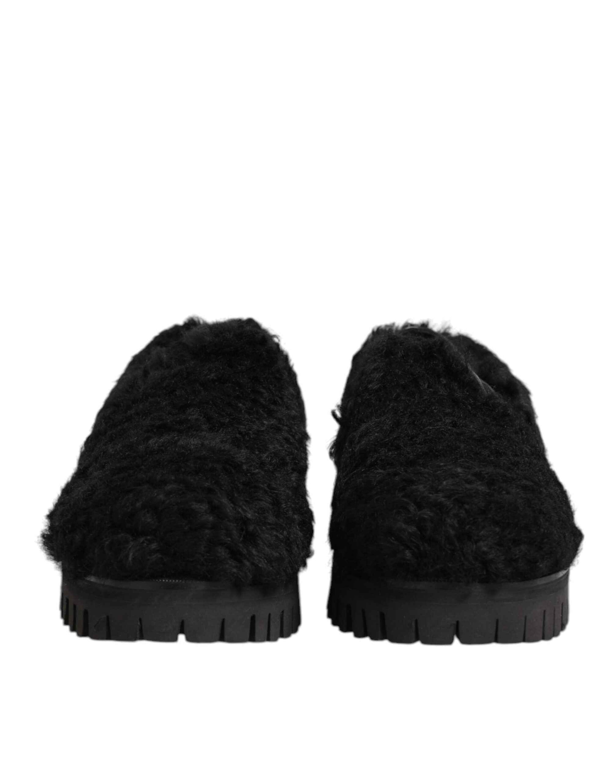 Dolce & Gabbana Dress Black Fur Leather Slippers Men Shoes