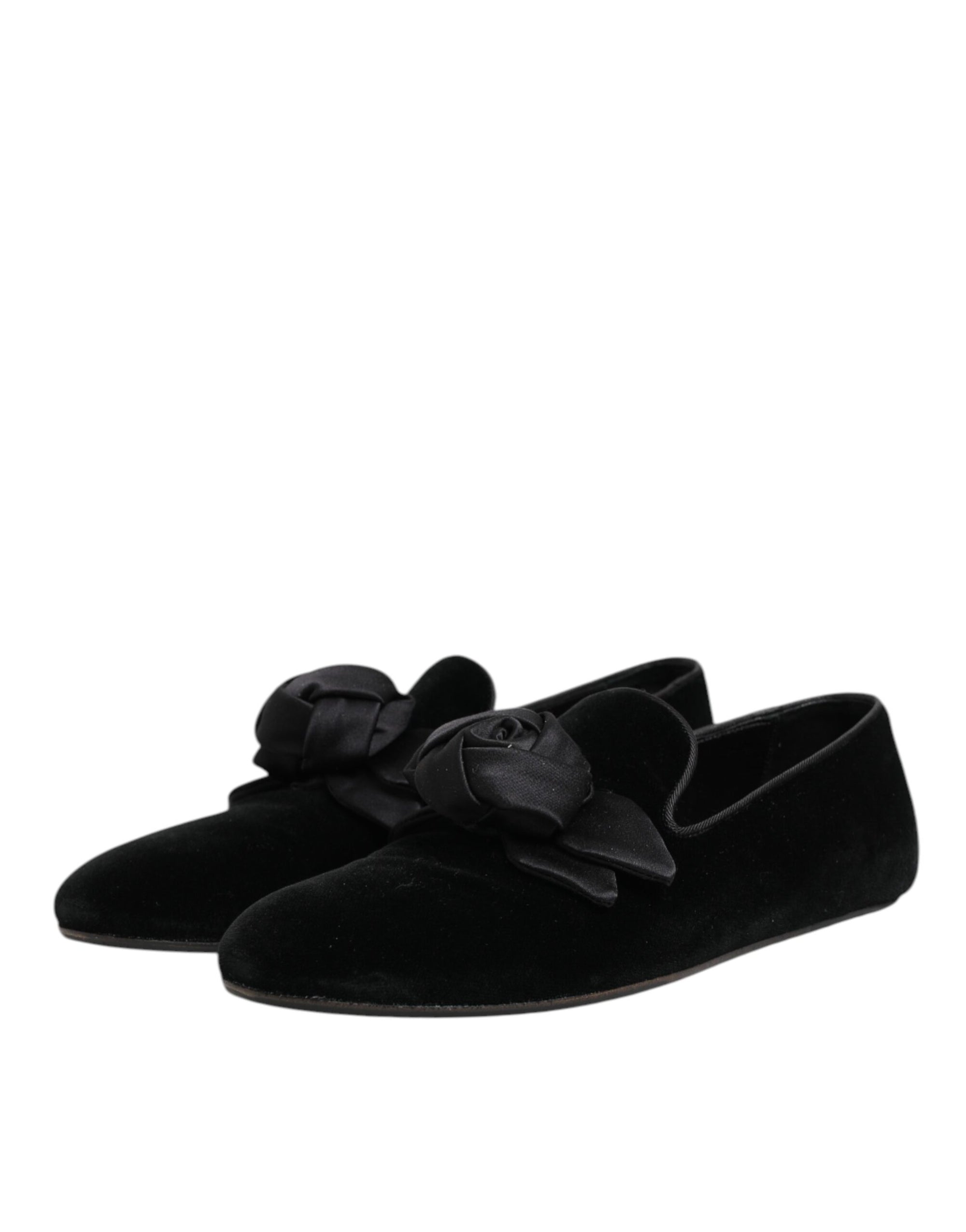 Dolce & Gabbana Black Suede Cotton Rose Slip On Loafers Shoes