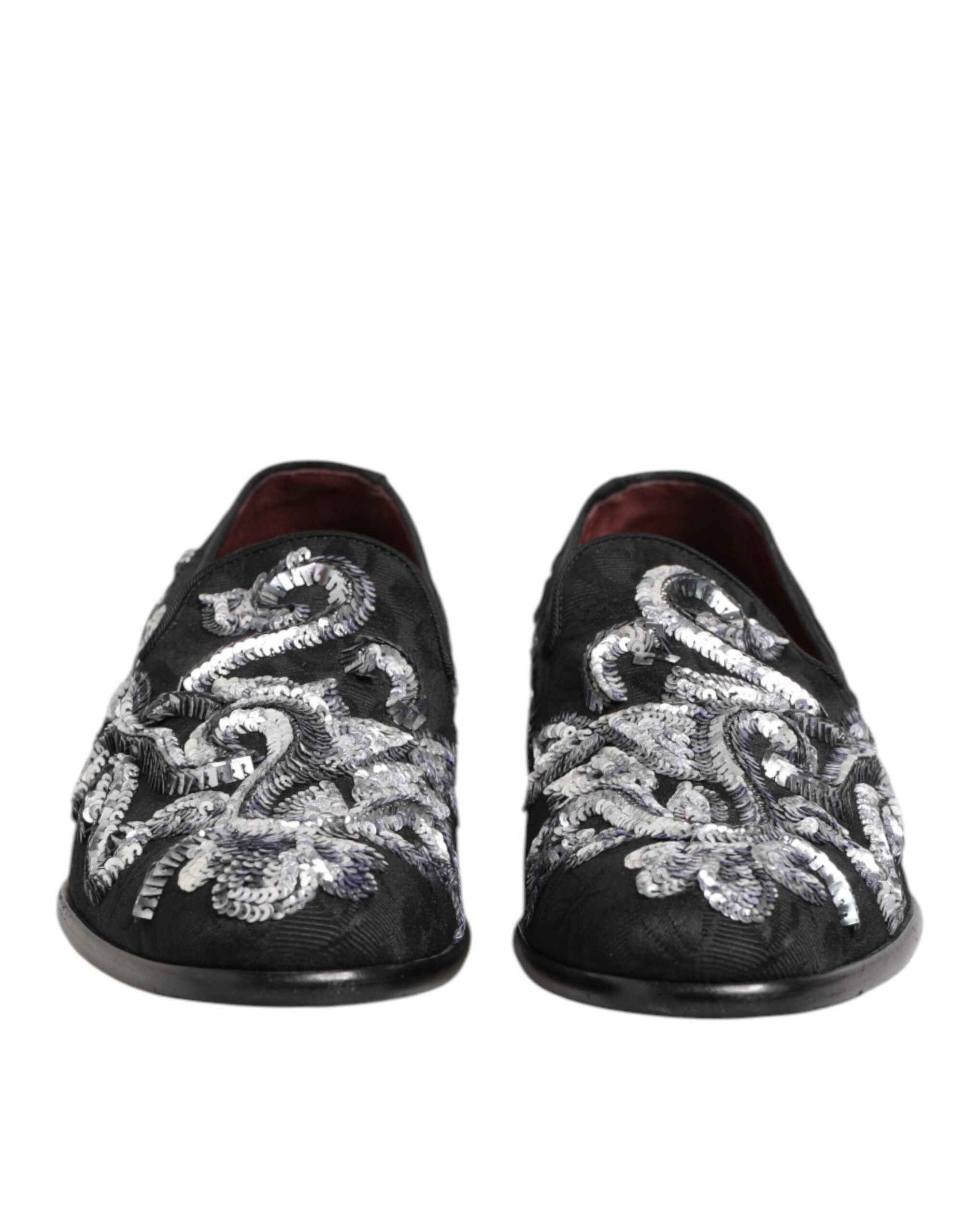 Dolce & Gabbana Black Silver Sequined Loafers Men Dress Shoes