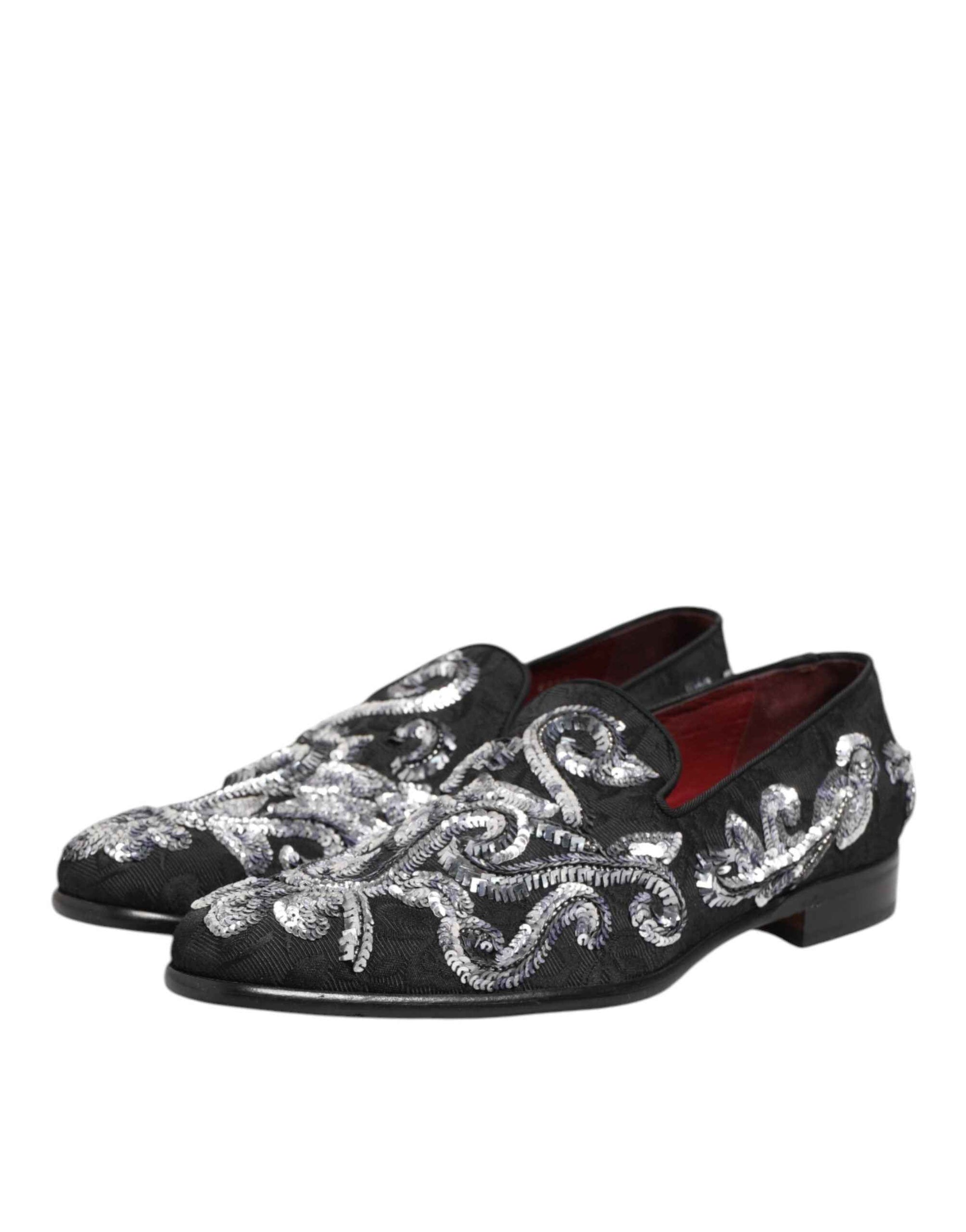 Dolce & Gabbana Black Silver Sequined Loafers Men Dress Shoes