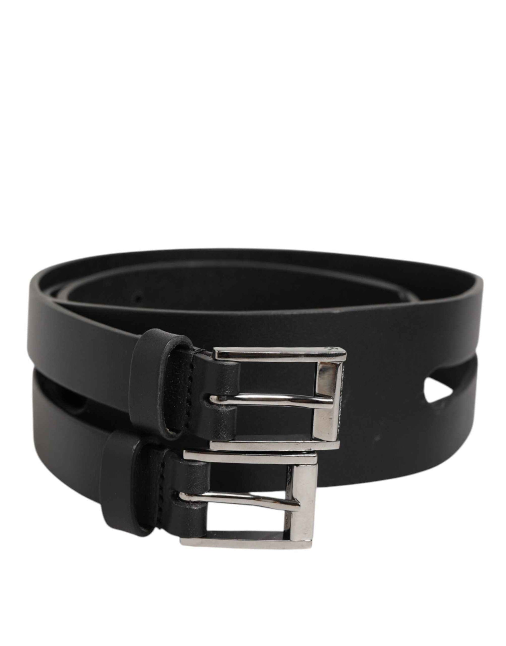Dolce & Gabbana Black Double Strap Leather Silver Buckle Belt
