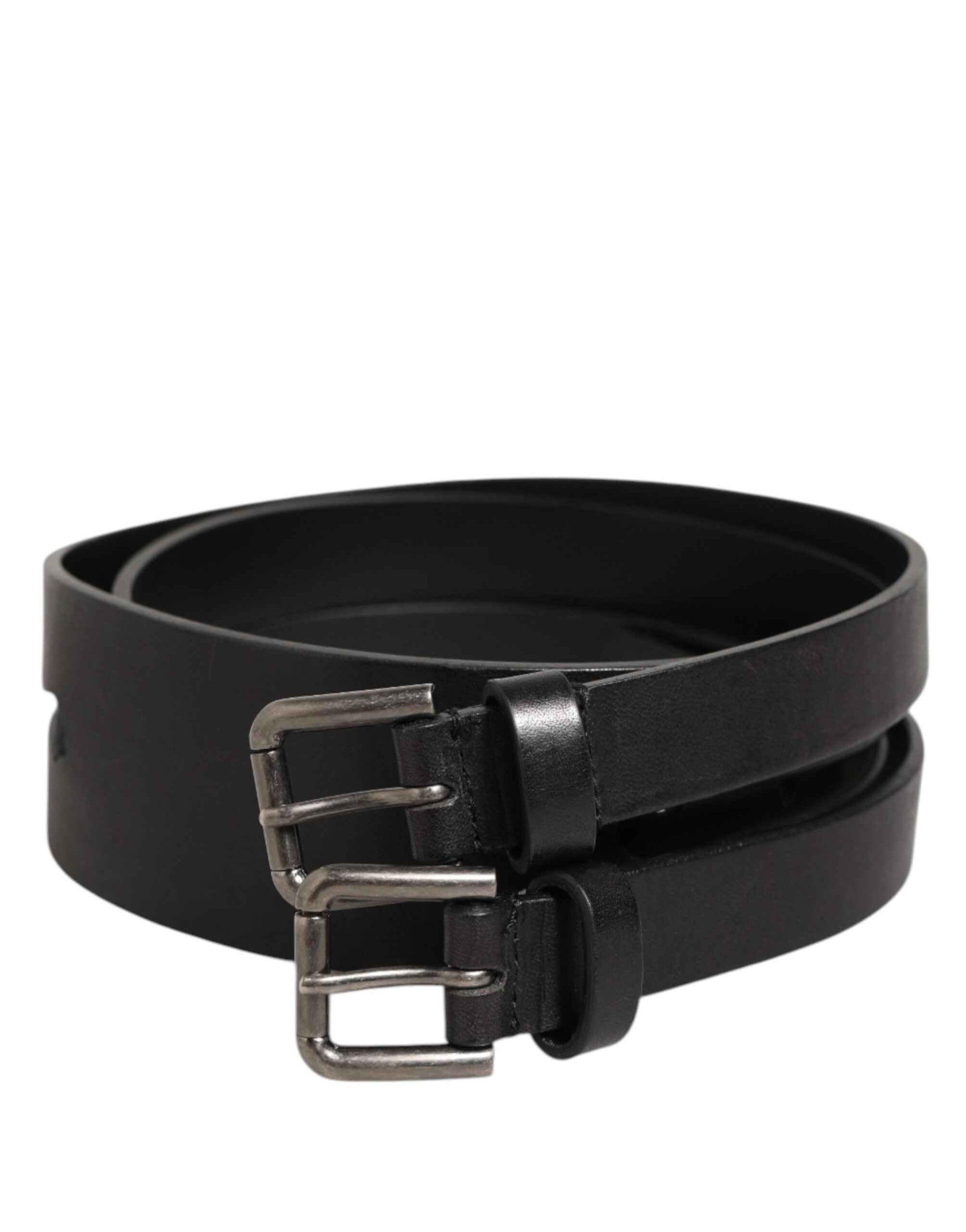 Dolce & Gabbana Black Double Strap Leather Silver Buckle Belt